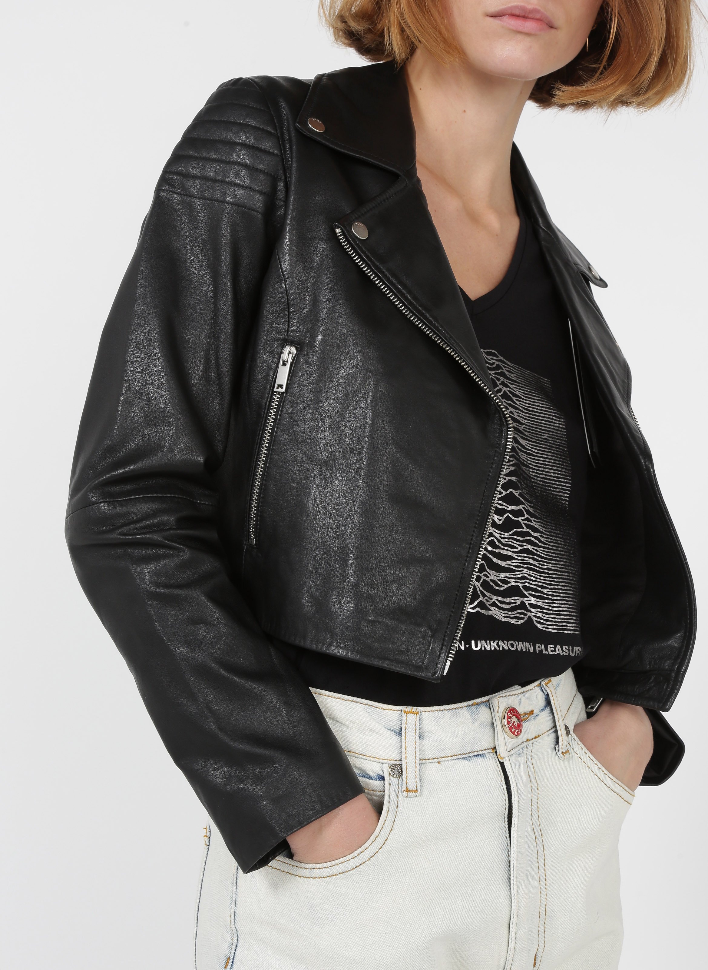 Blouson col tailleur en cuir d'agneau IKKS Noir