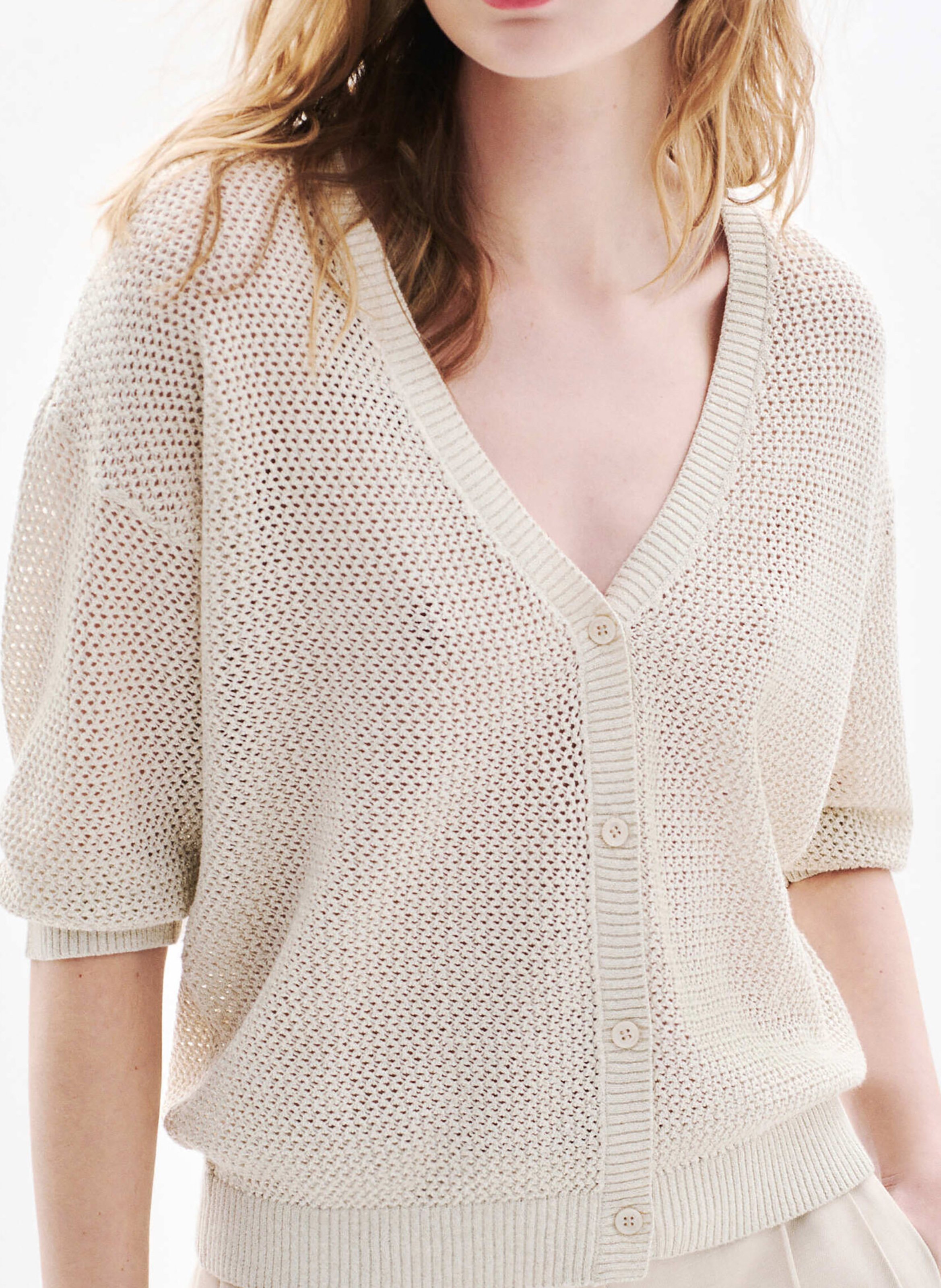 Cardigan boutonné en maille ajourée CAROLL Beige