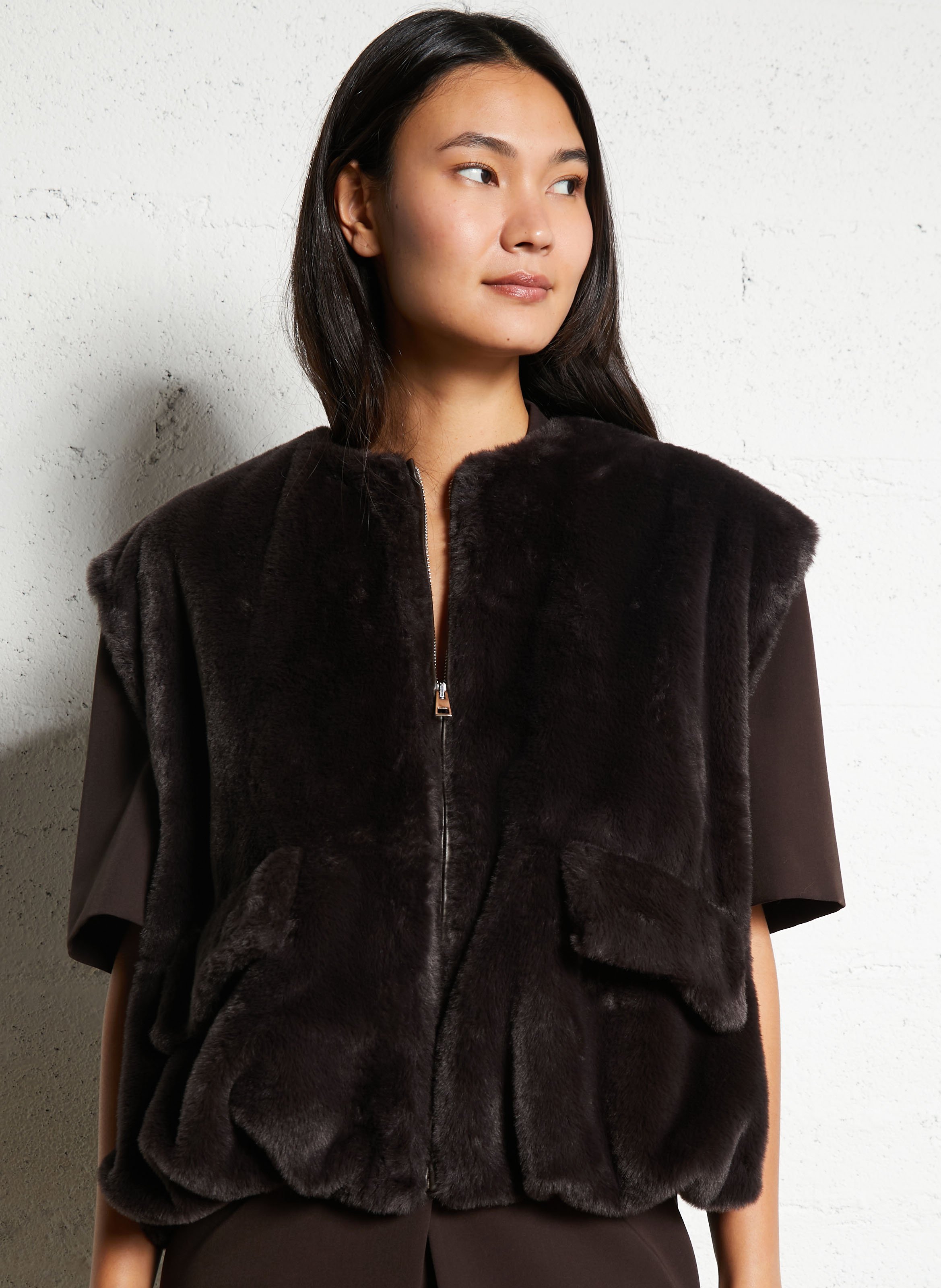 Gilet en fourrure synthétique col rond IMPERIAL Marron