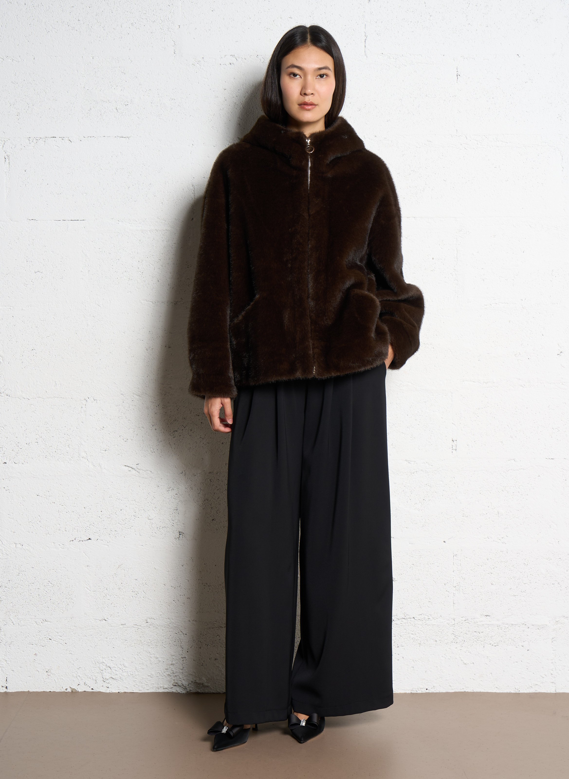 Coat with faux-fur hood PLEASE Brown