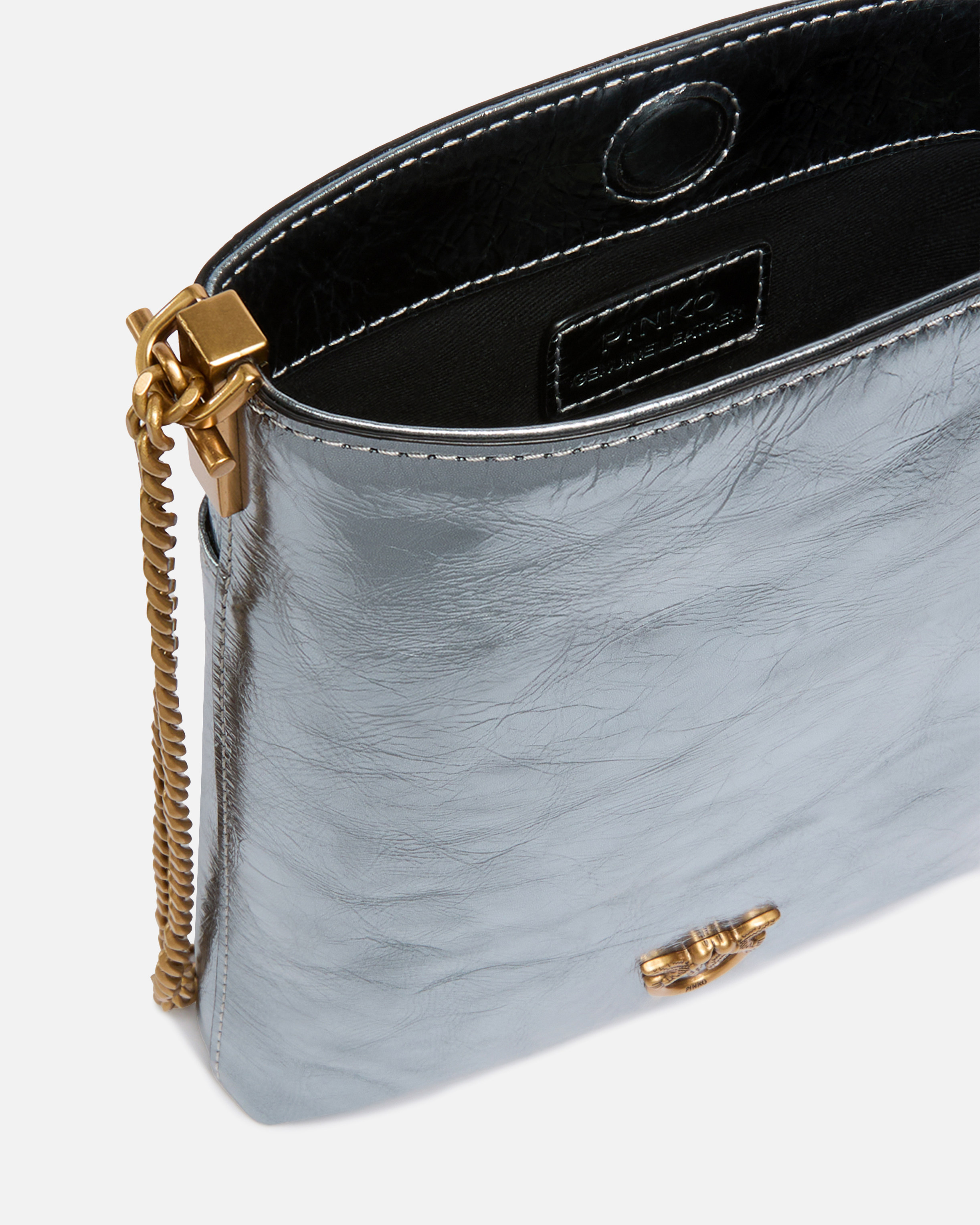 Flat bucket bag in metallic leather with shoulder strap PINKO Golden
