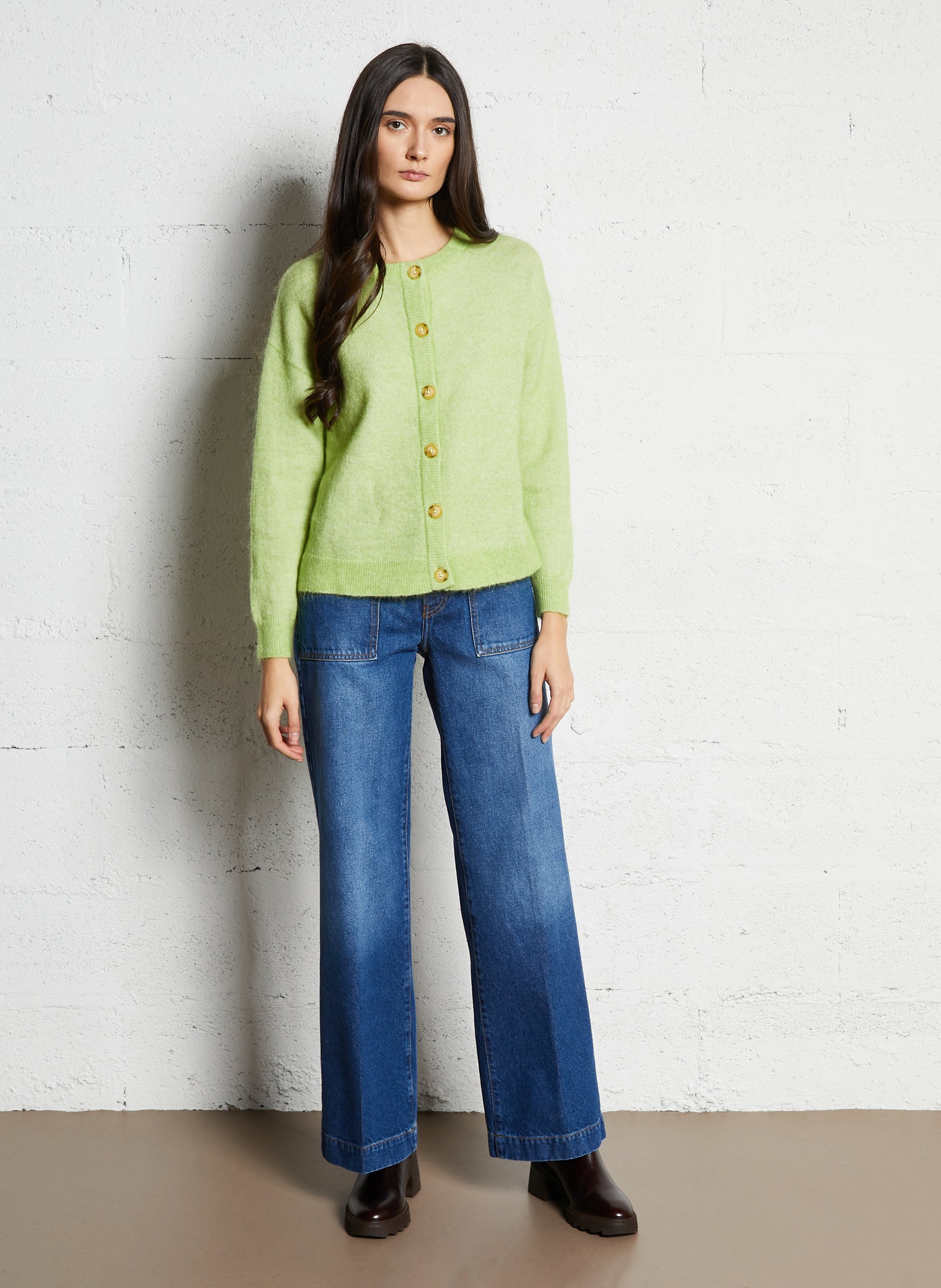 Round-neck wool-blend cardigan Green