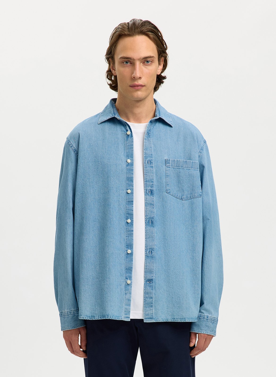 Straight-cut organic cotton shirt with classic collar SELECTED Blue