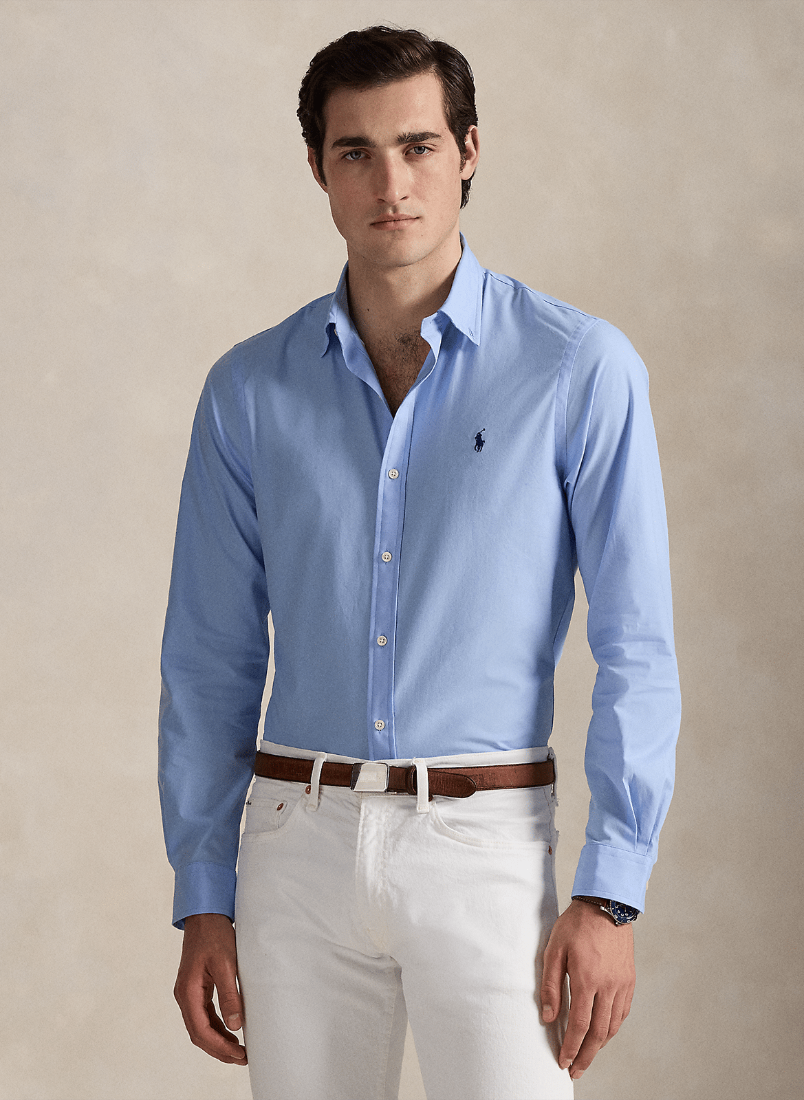 Cotton-blend straight-cut shirt with button-down collar POLO RALPH LAUREN Blue
