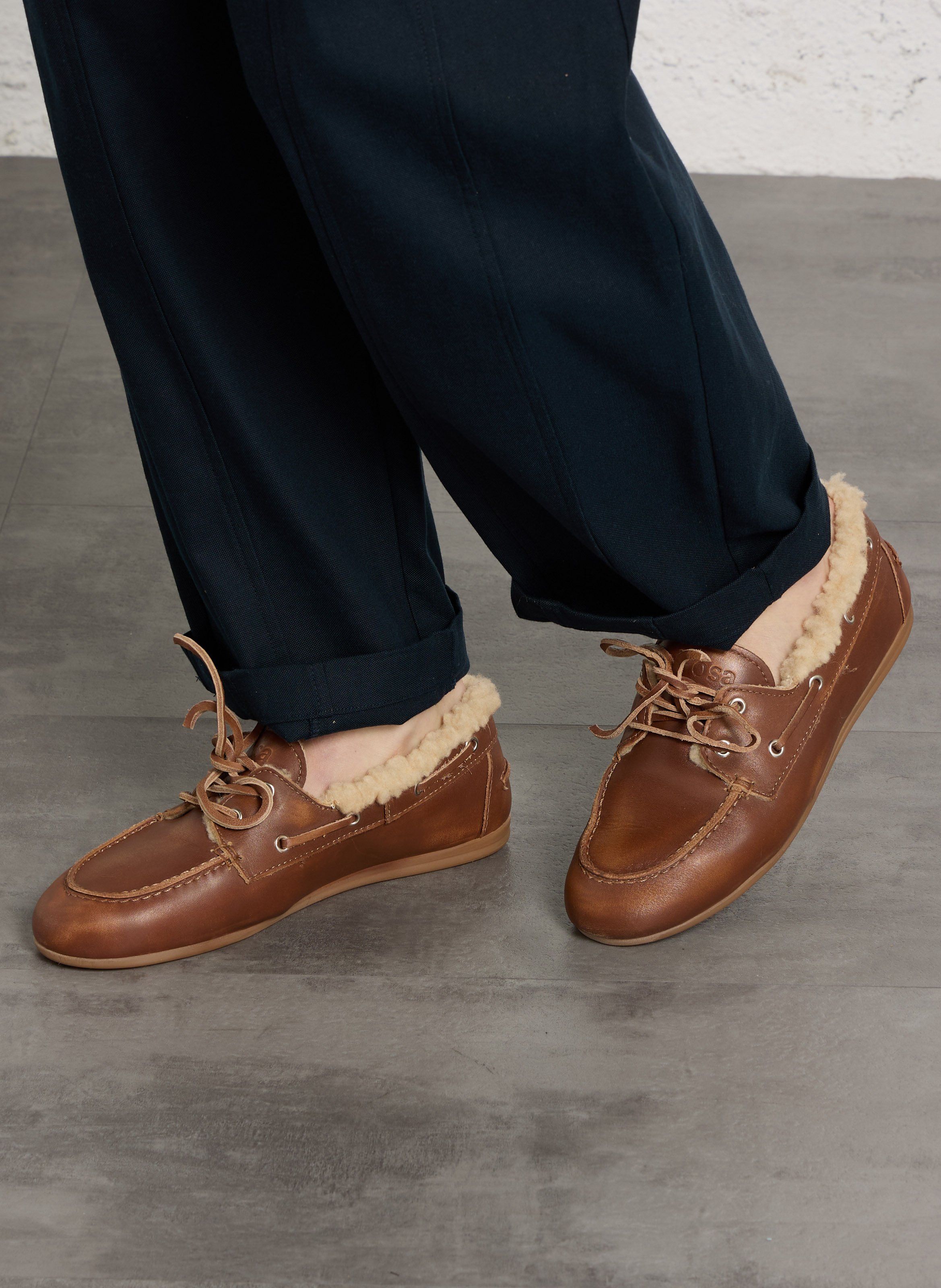 Lace-up fur-lined mixed leather moccasins POSA Brown
