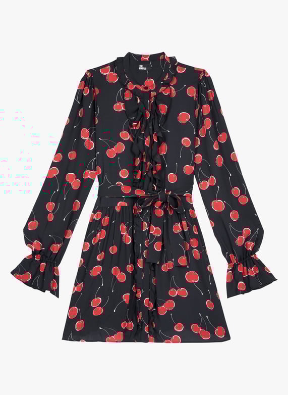 Robe courte col rond imprime cerise Noir