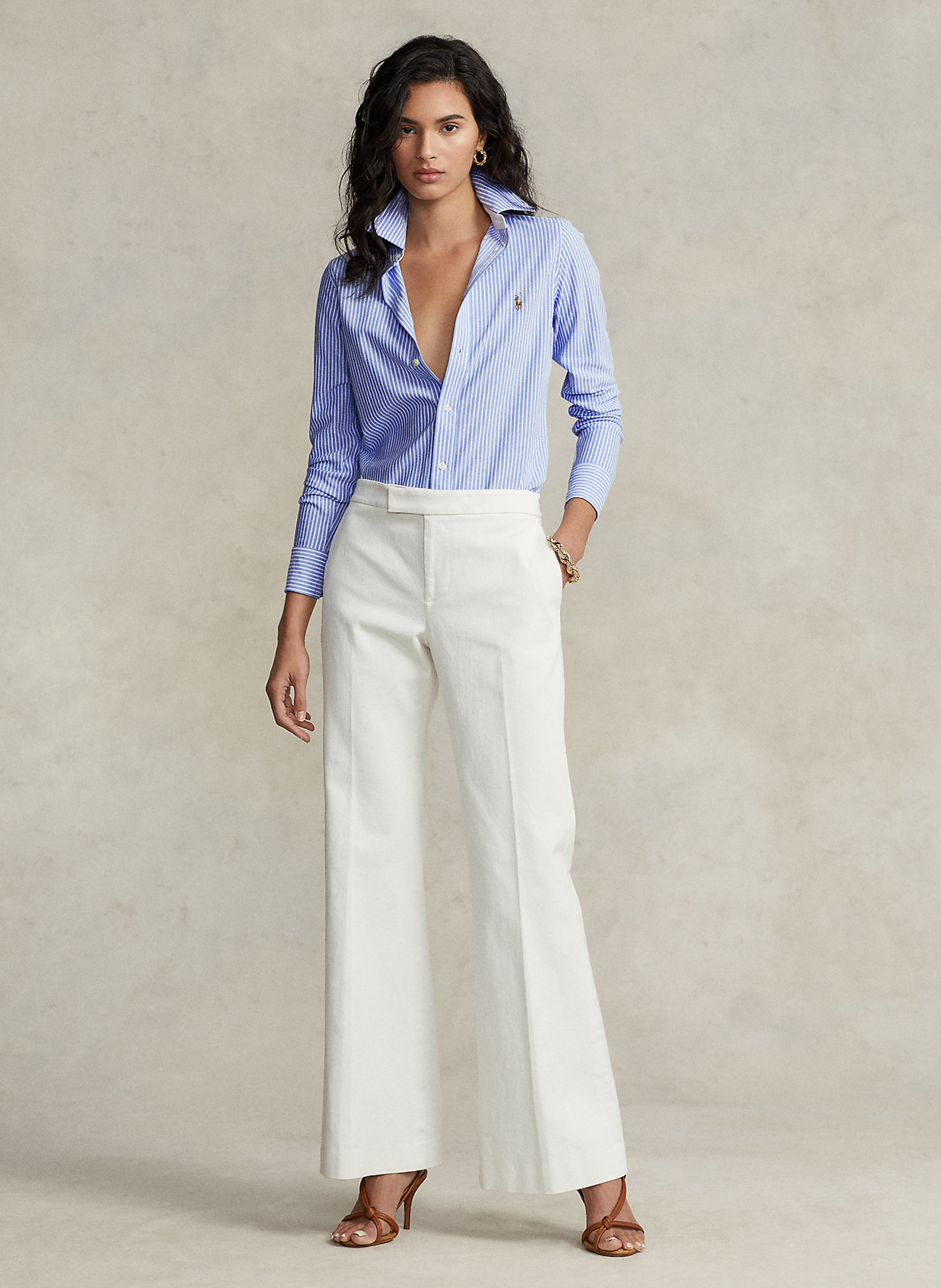 Chemise droite col américain rayée en coton POLO RALPH LAUREN Bleu