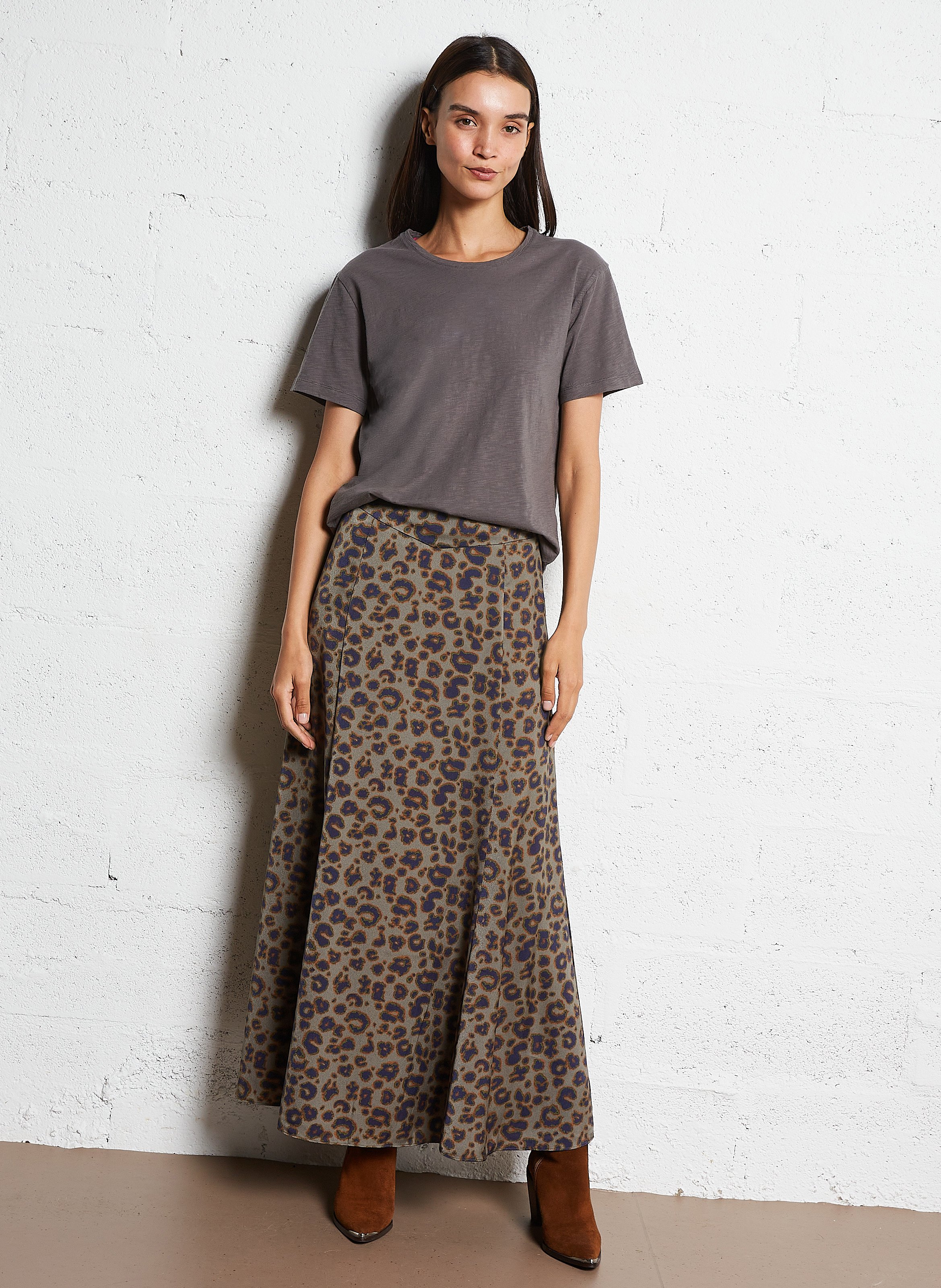 Jupe longue évasée à imprimé léopard BA&SH Kaki