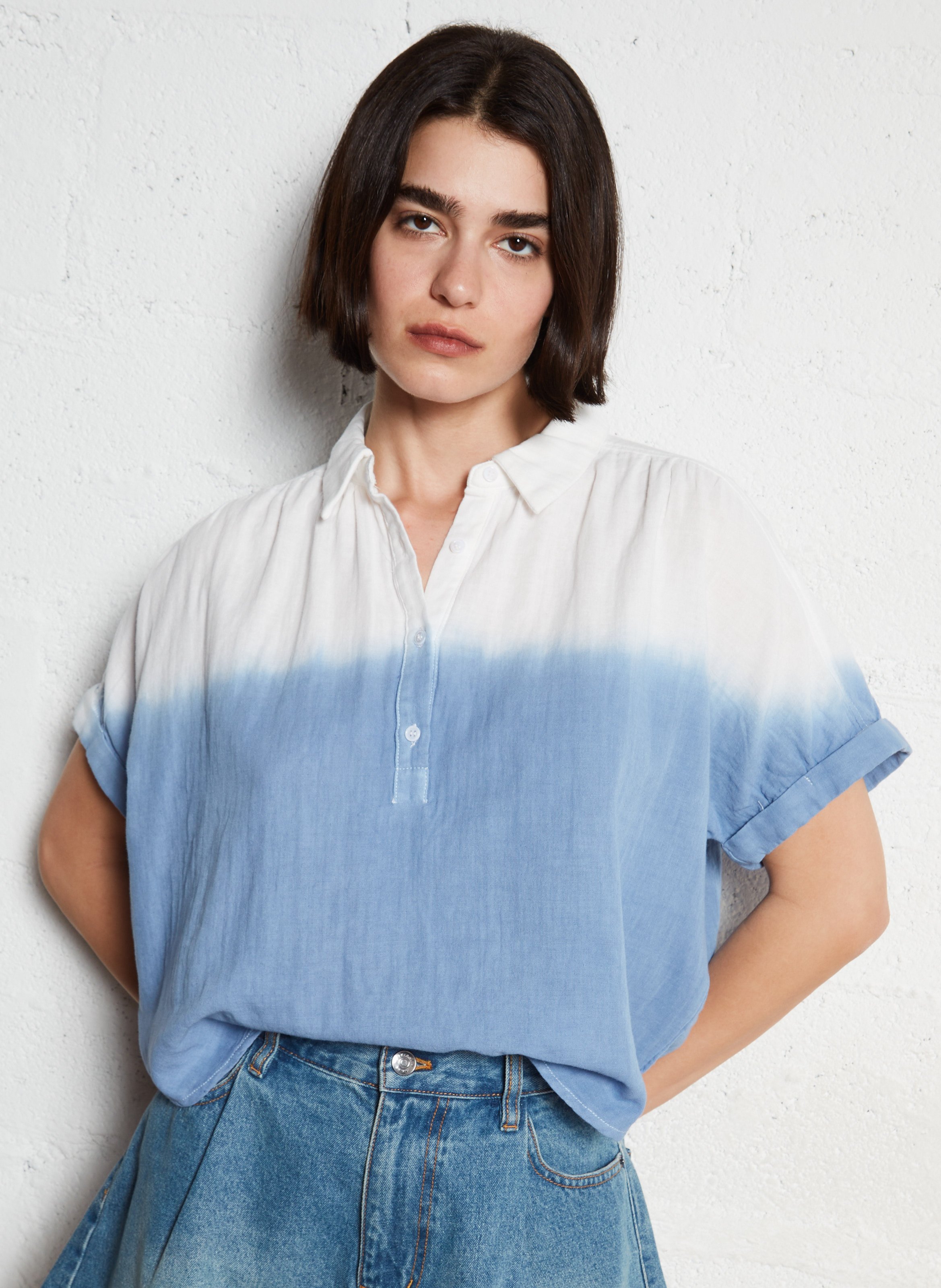3020414 Blue-White Shirt Collar Blouse main image 1