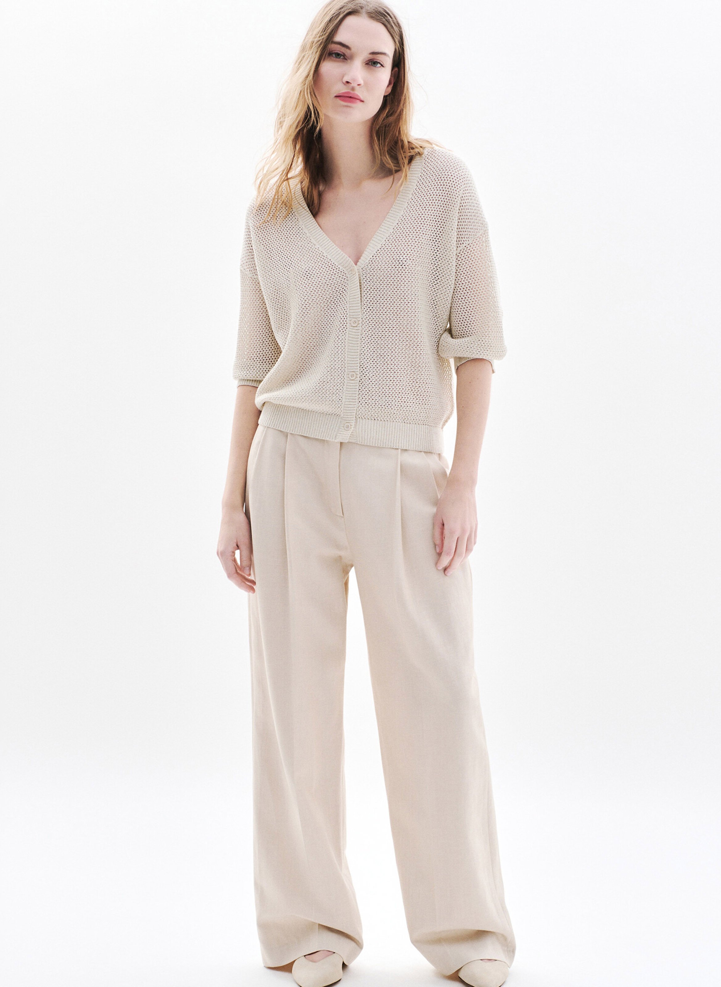 Cardigan boutonné en maille ajourée CAROLL Beige