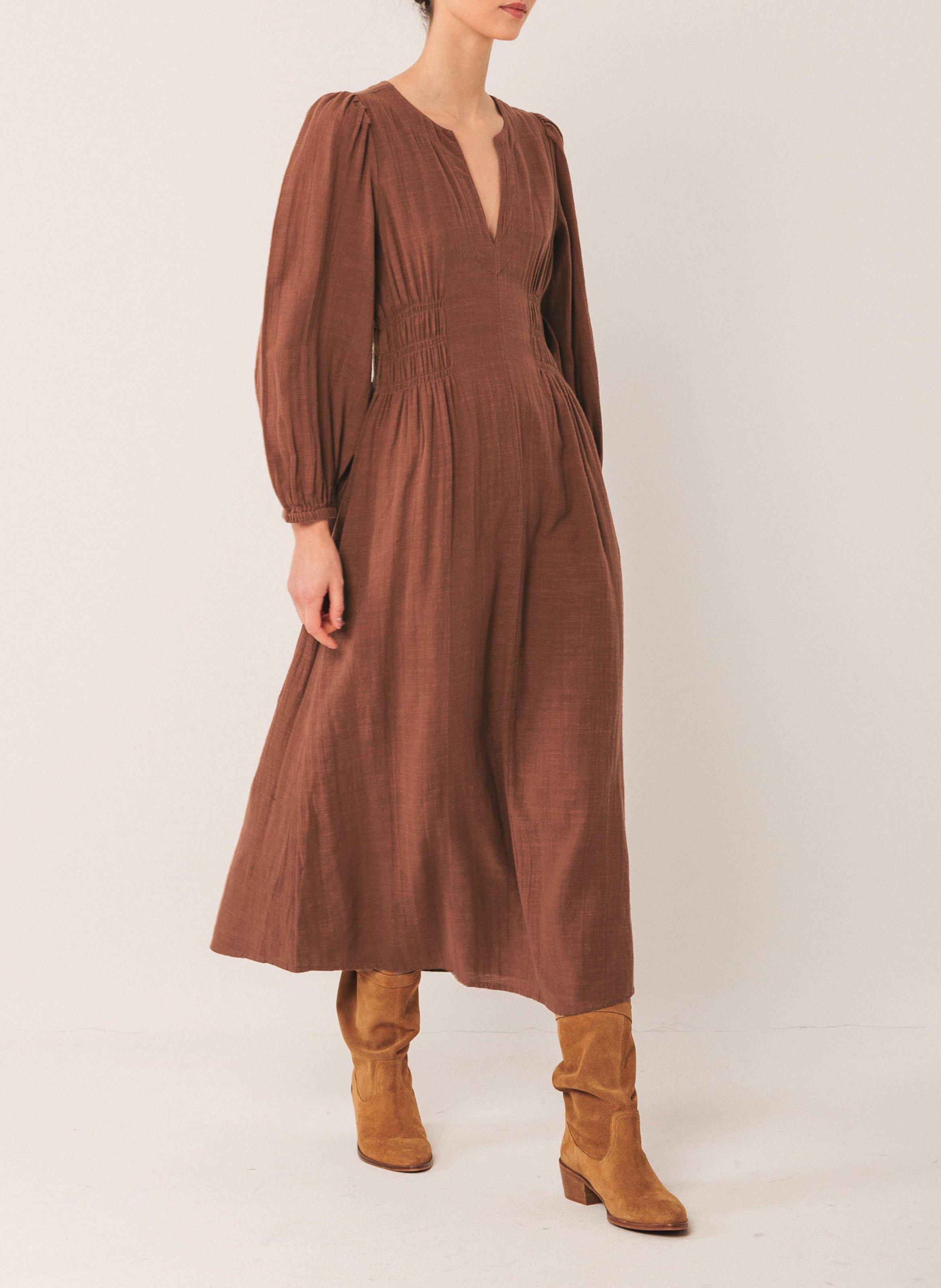 Flared long organic cotton dress INDI & COLD Brown