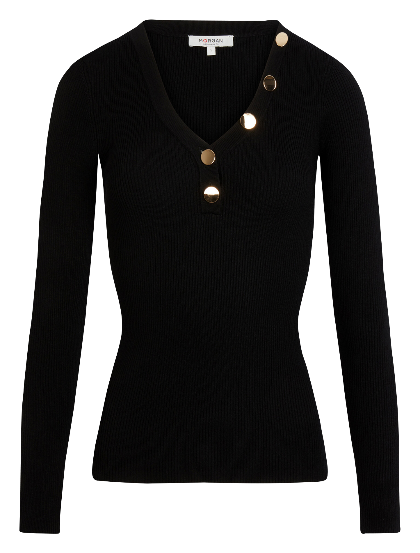 Pull col V boutonné en maille côtelée MORGAN Noir