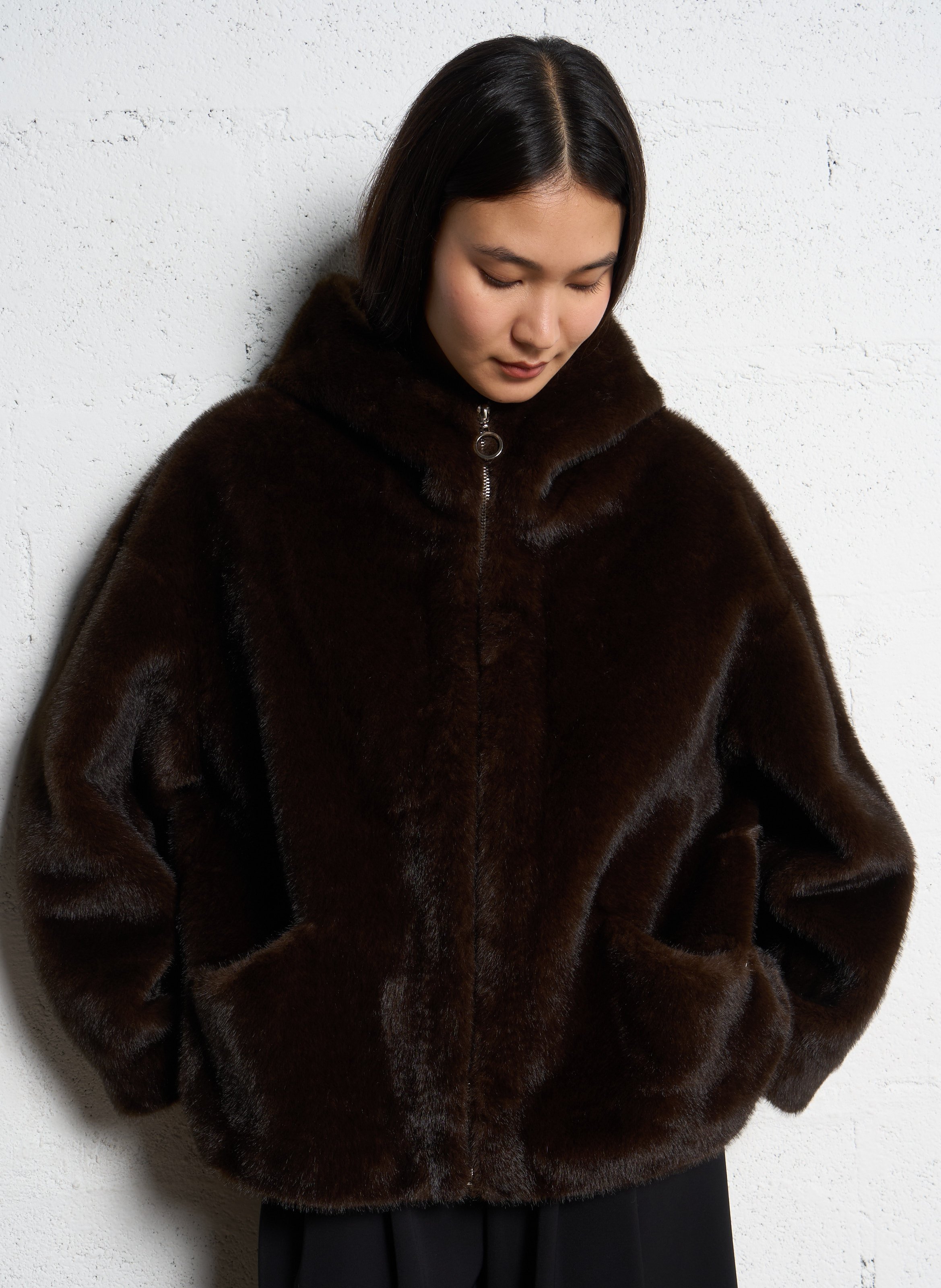 Coat with faux-fur hood PLEASE Brown