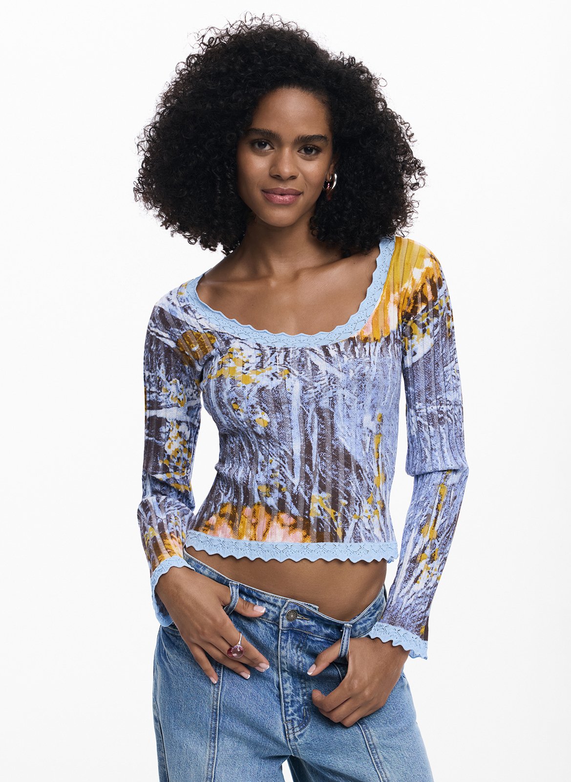 Round-neck printed sweater DESIGUAL Blue