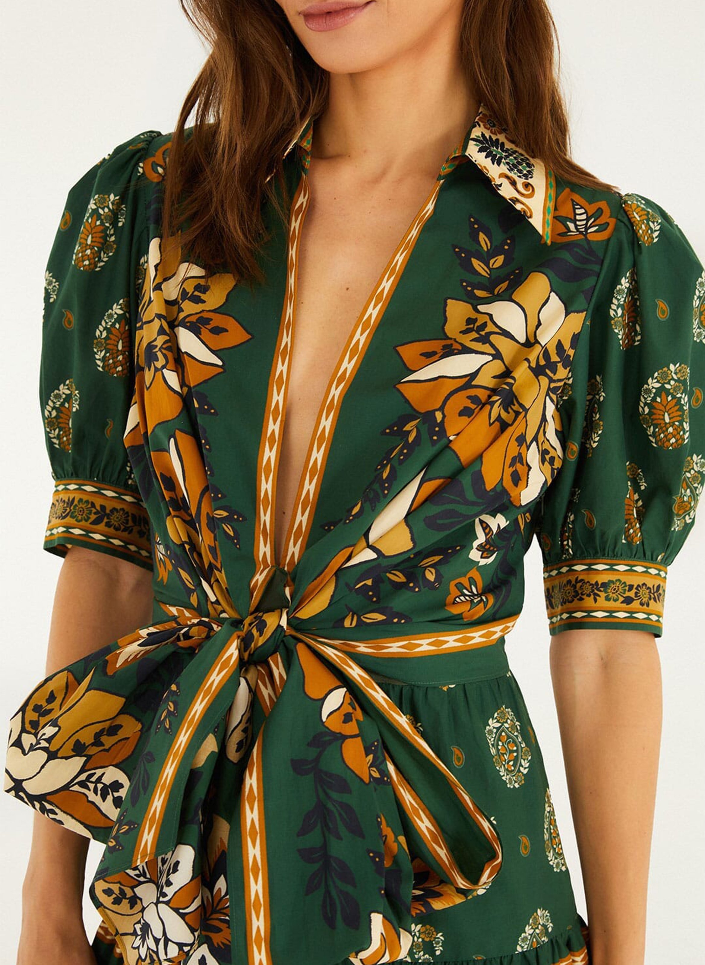 Short printed dress with puffed sleeves FARM RIO Green