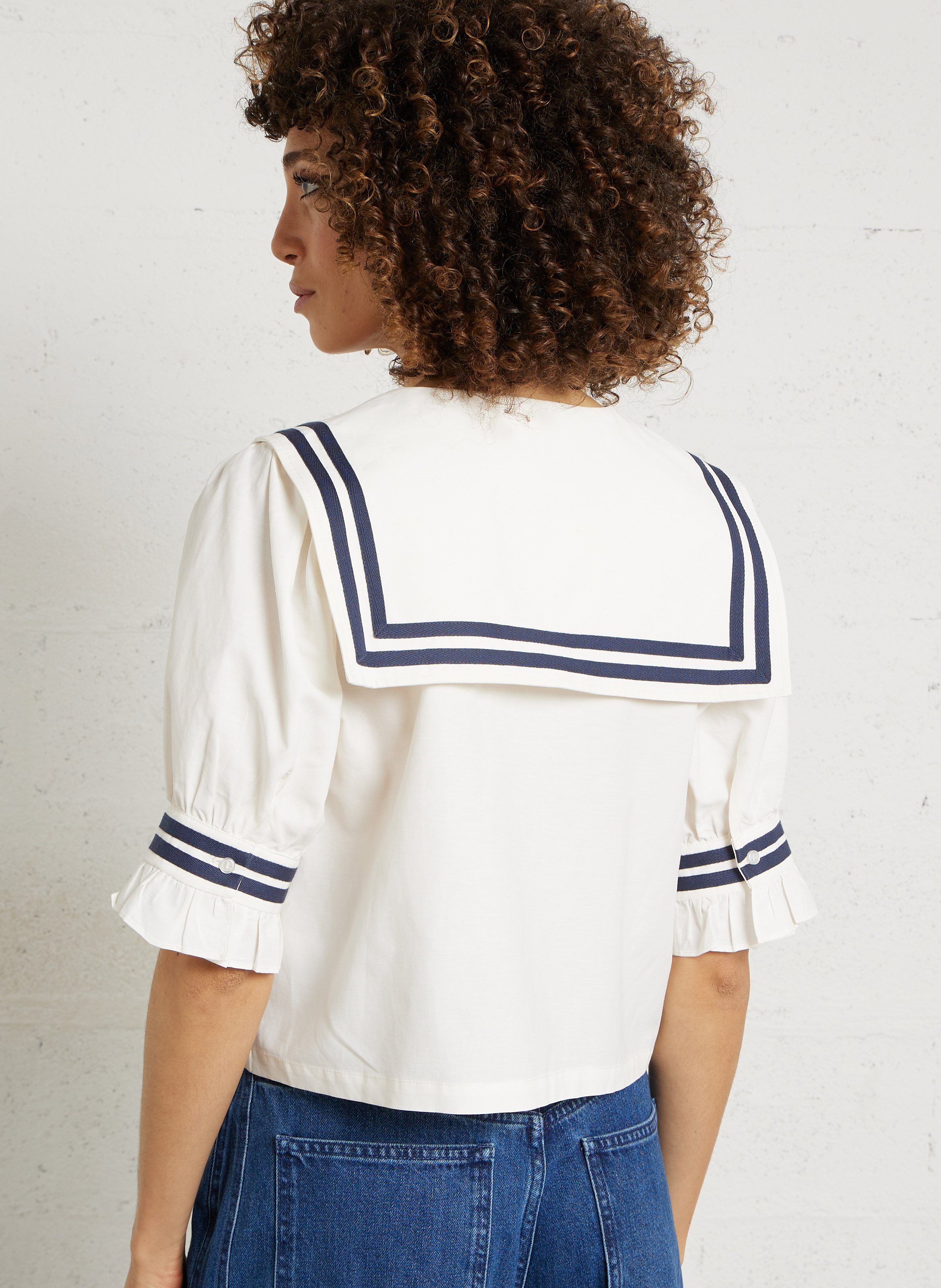 Chemisier esprit marin court col V THE TINY BIG SISTER Blanc