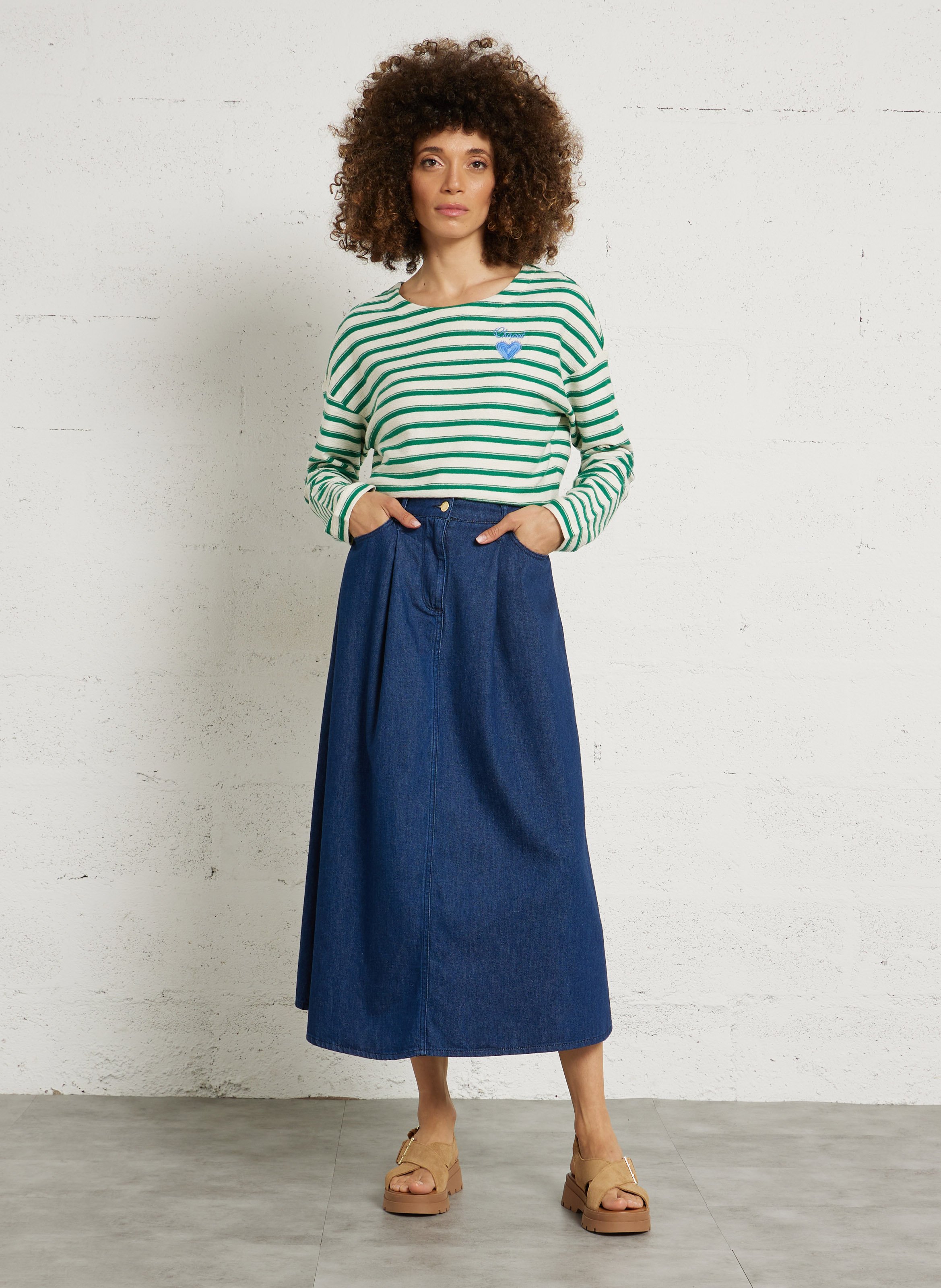 Top oversize col rond en coton bio rayé FABIENNE CHAPOT Blanc