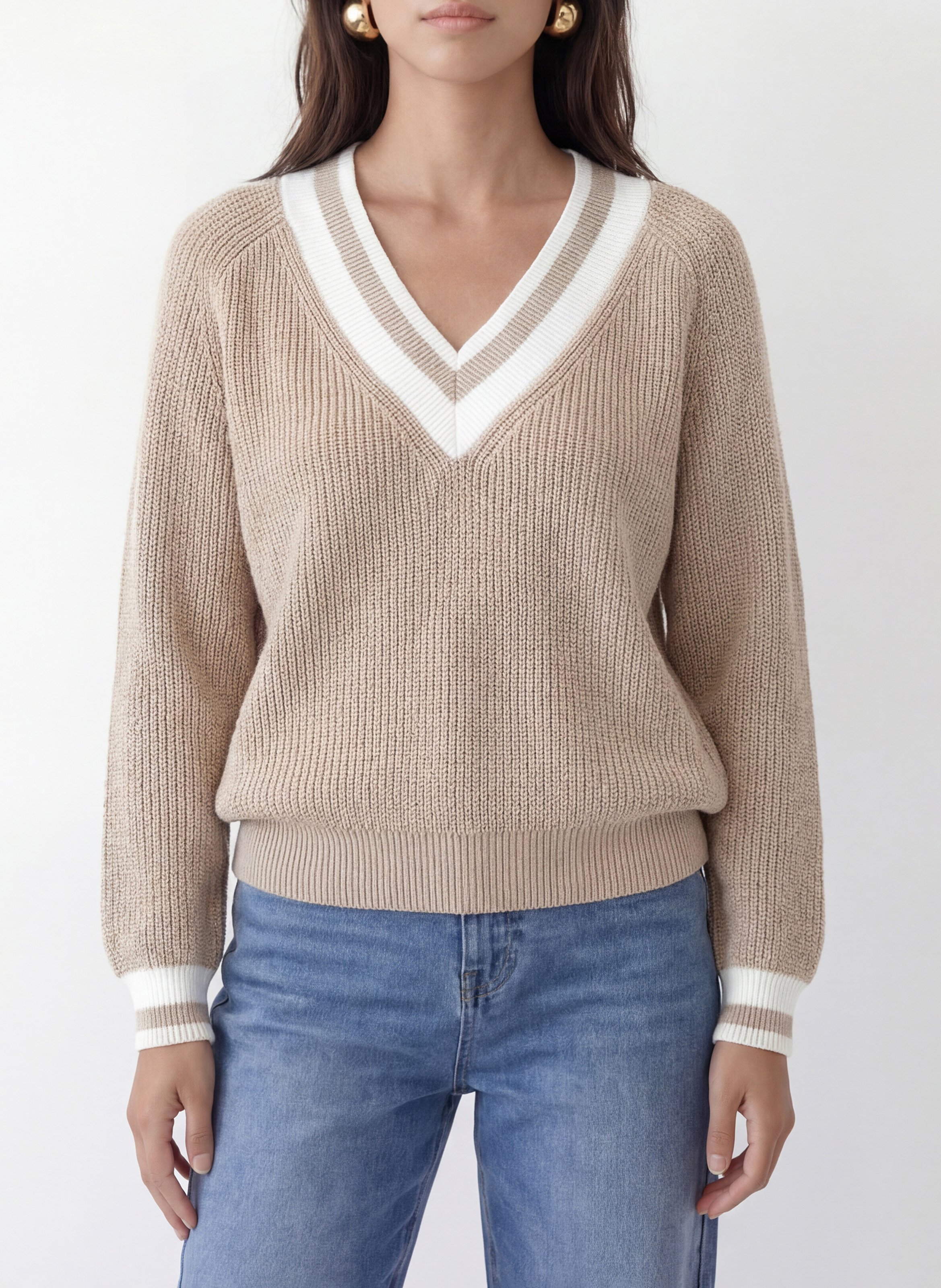 Weiter Strickpullover mit V-Ausschnitt KOOKAI Beige