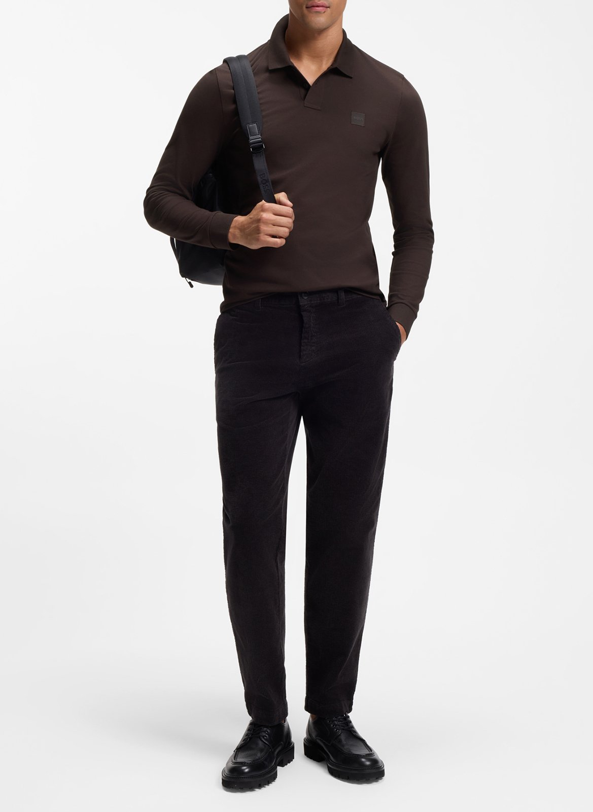 Regular-fit long-sleeved cotton-blend polo shirt | Brown BOSS Men