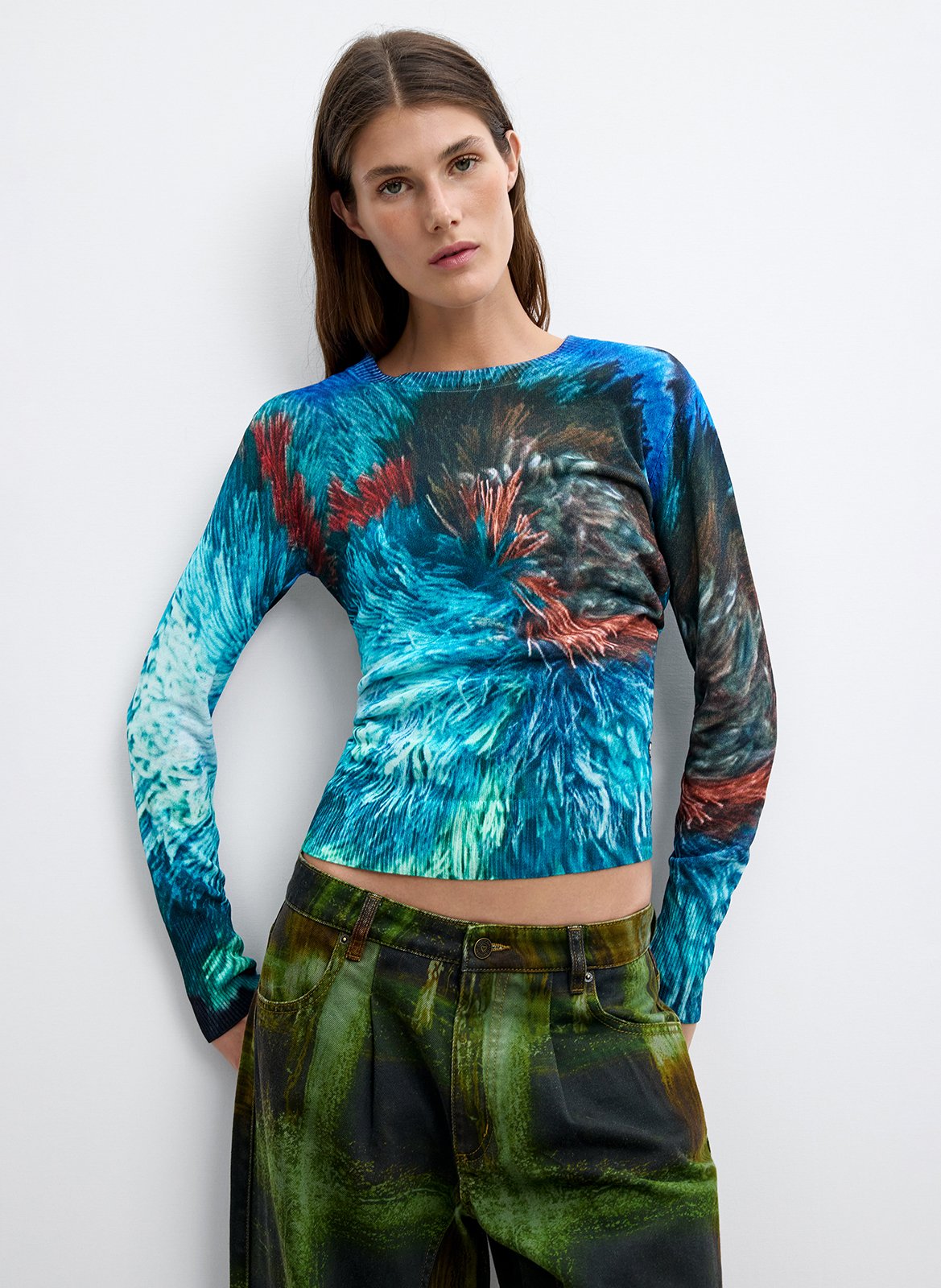 Pull col rond imprimé DESIGUAL Bleu
