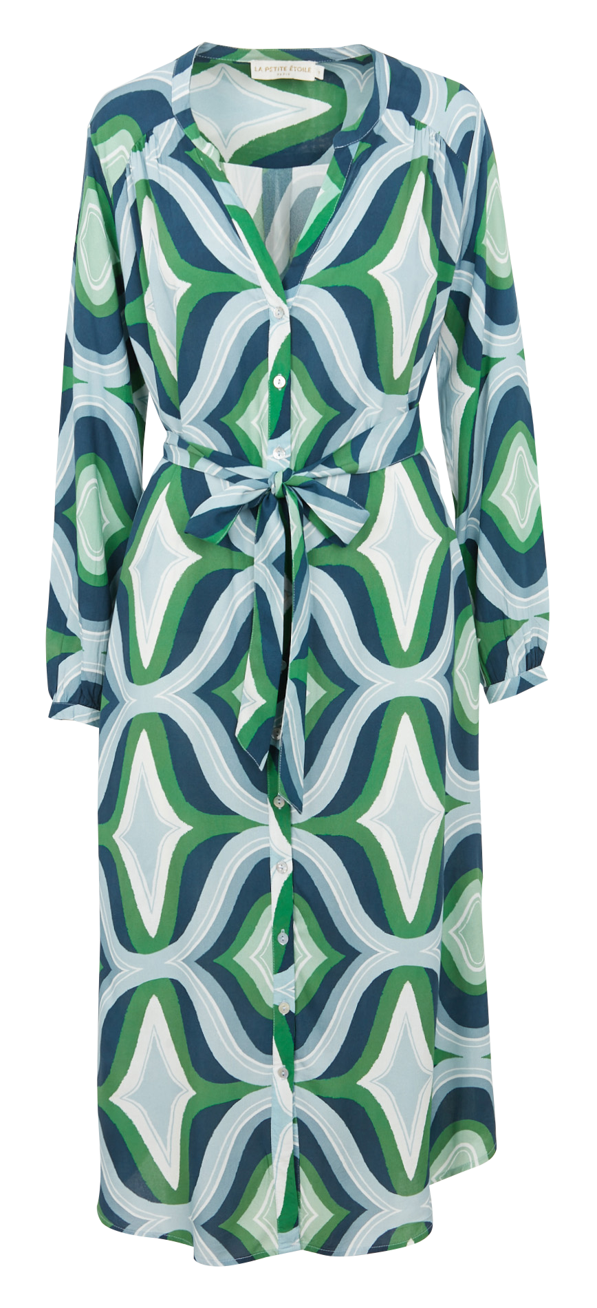 Halflange jurk met henleykraag en geometrische print LA PETITE ETOILE Groen