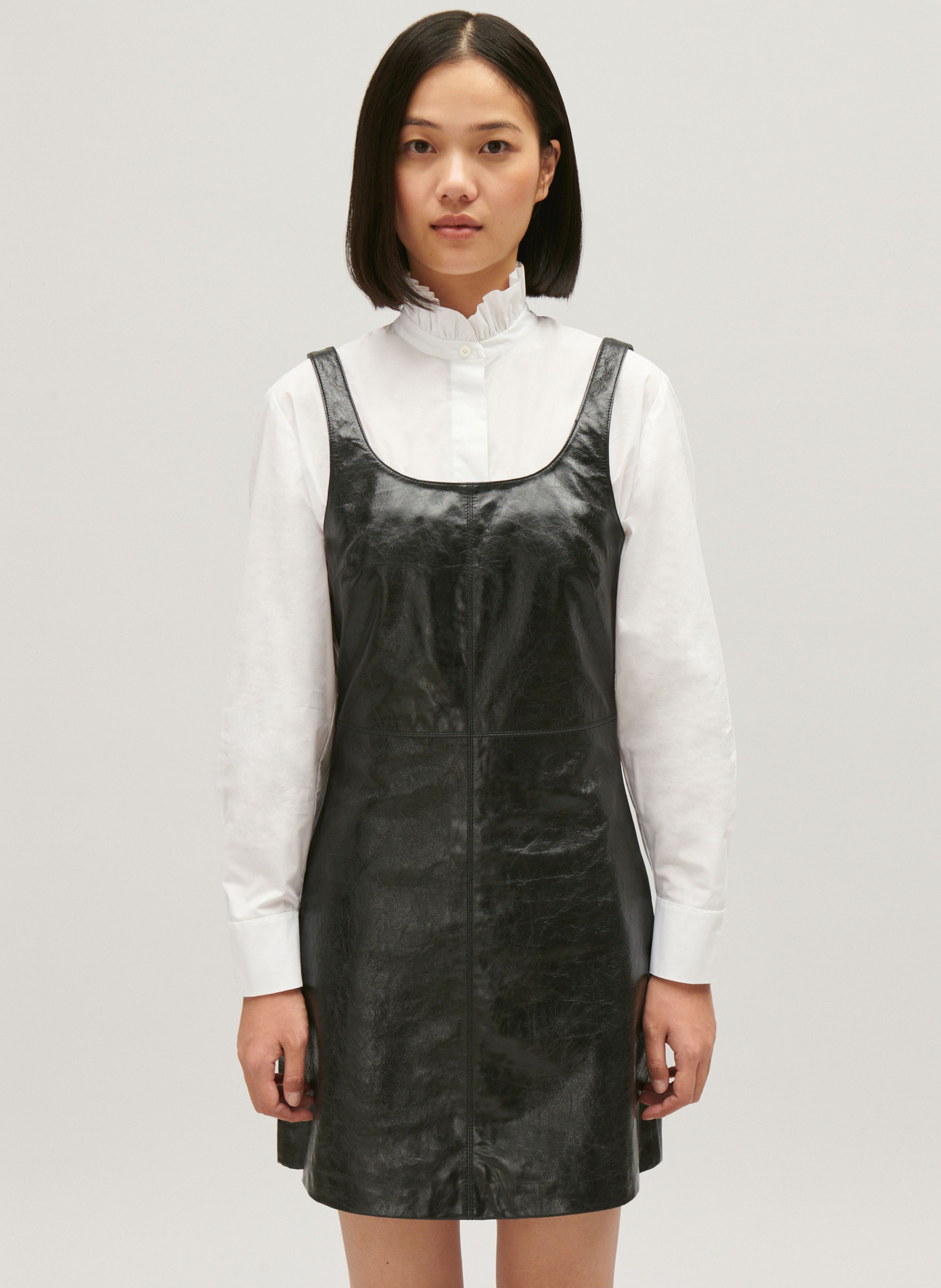 Short Fitted Leather Dress With Round Neckline Noir Claudie