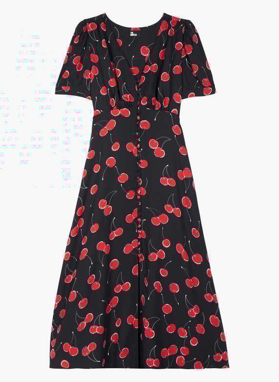 Robe longue col V imprime cerise Noir