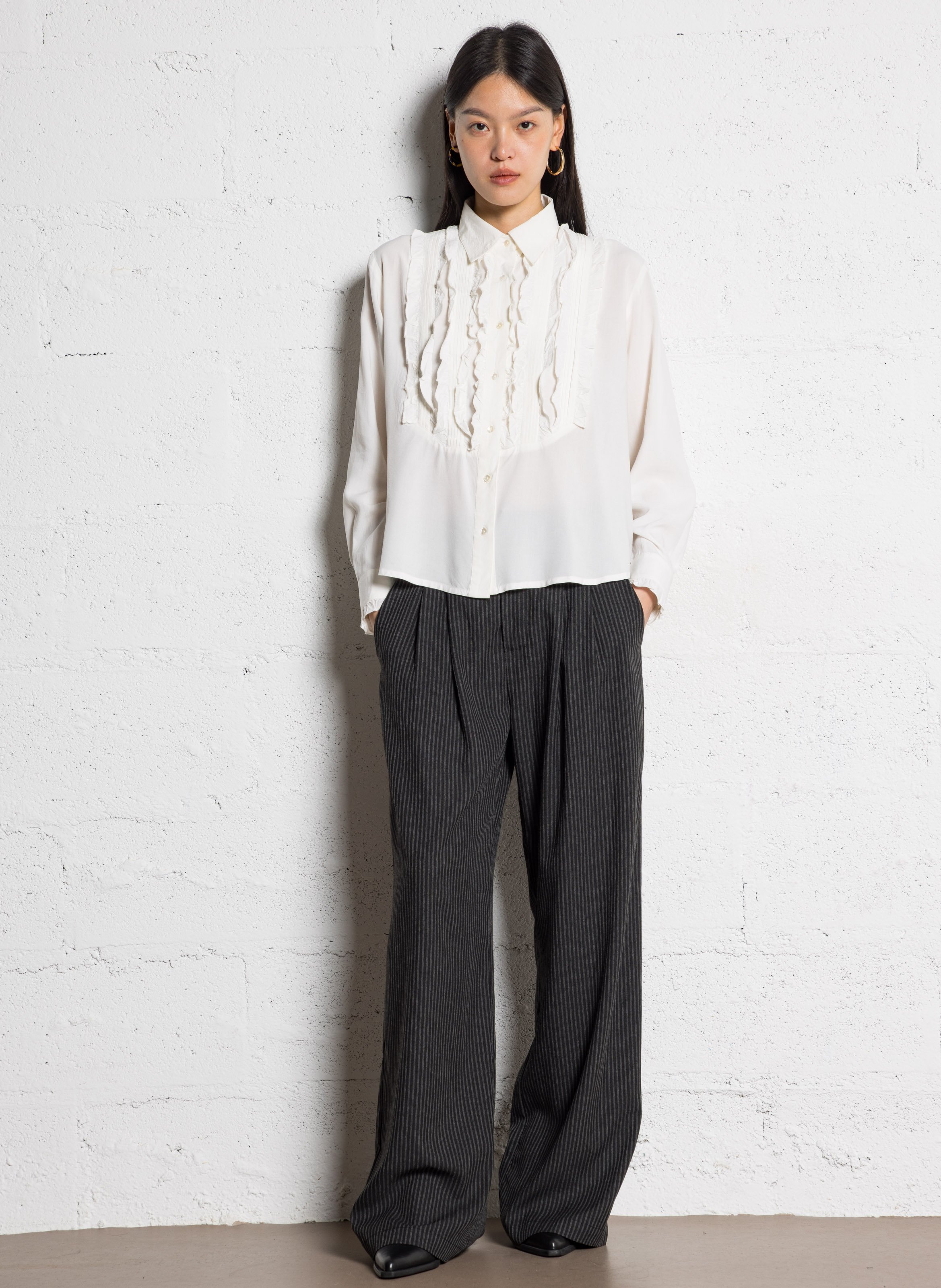 High-waisted wide-leg striped pants Black