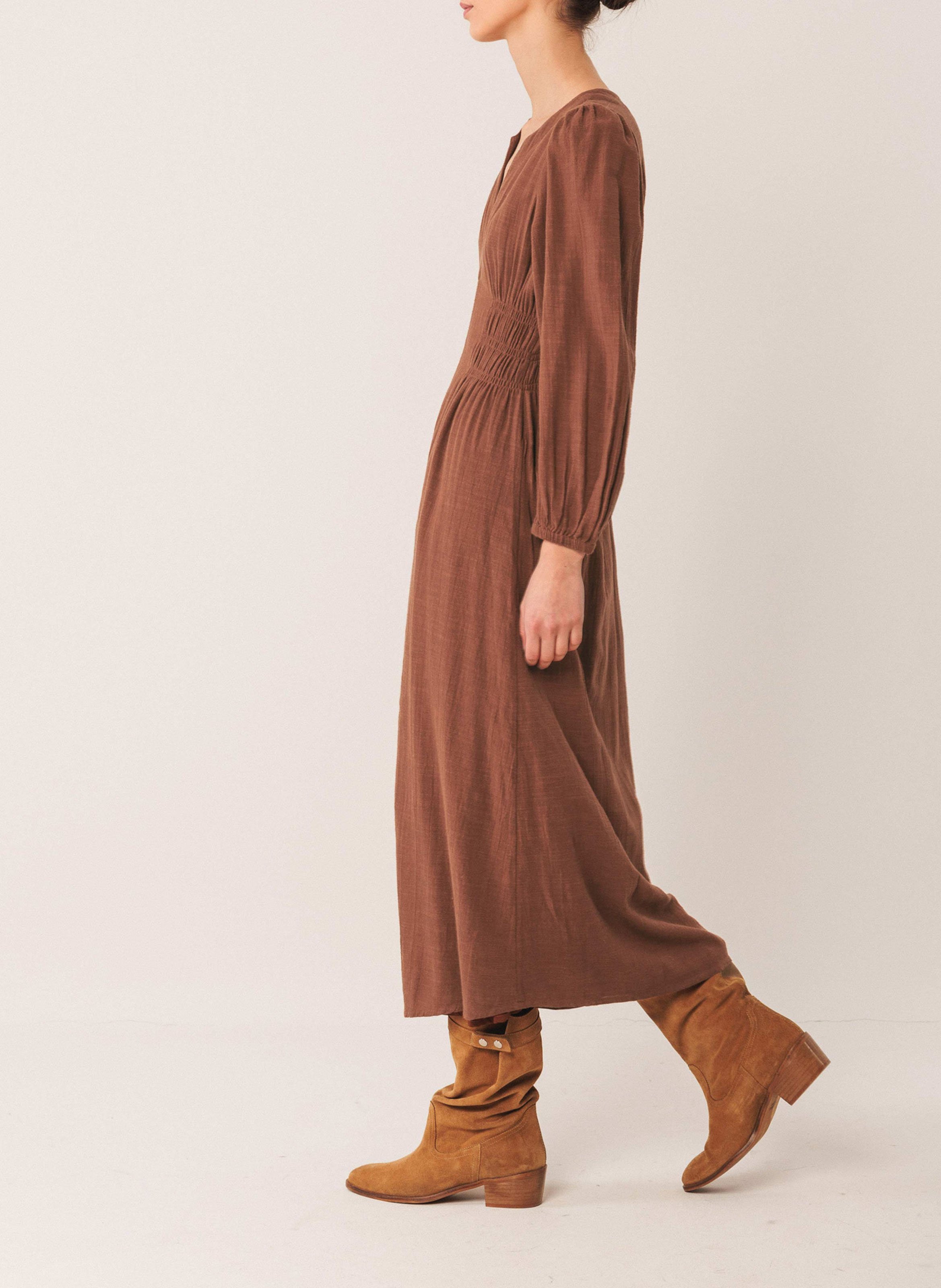Flared long organic cotton dress INDI & COLD Brown