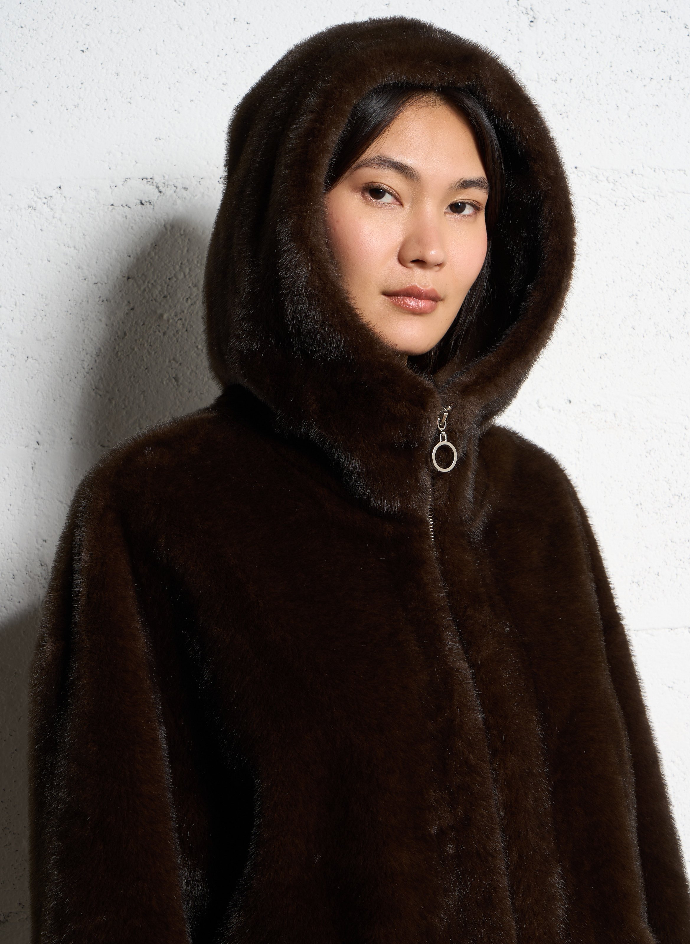 Coat with faux-fur hood PLEASE Brown