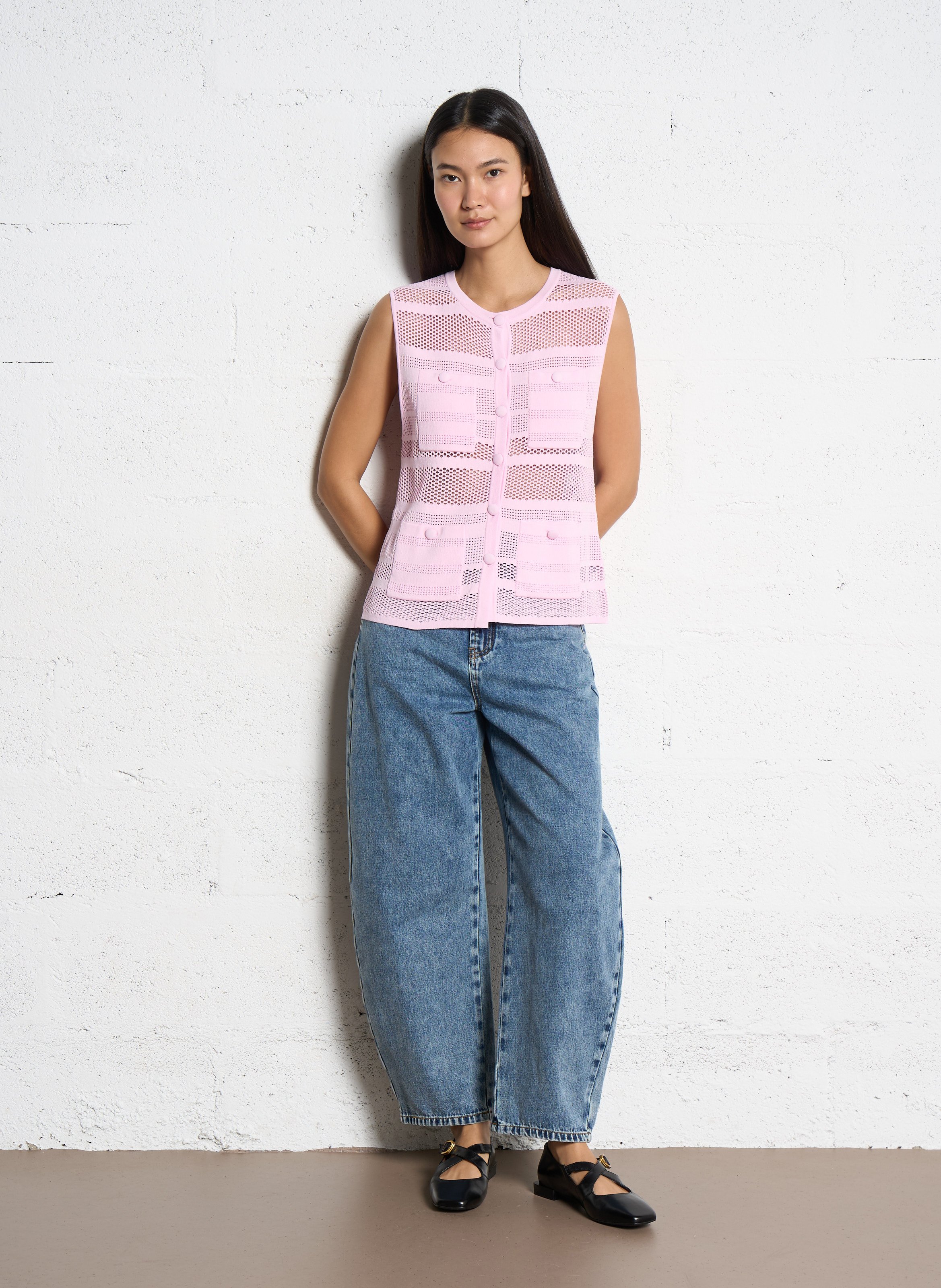 Gilet sans manches ajouré col rond SUNCOO Rose