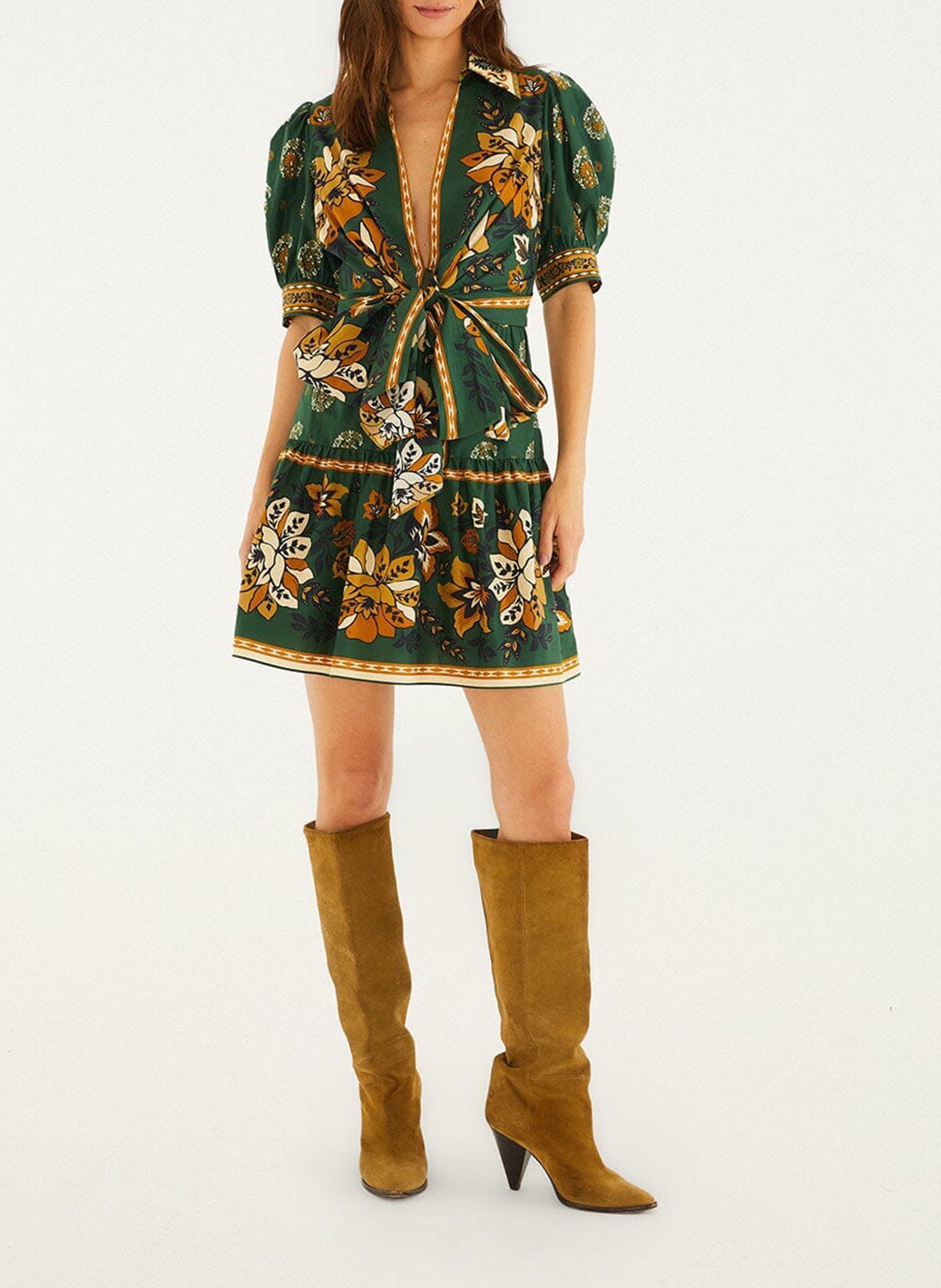 Short printed dress with puffed sleeves FARM RIO Green