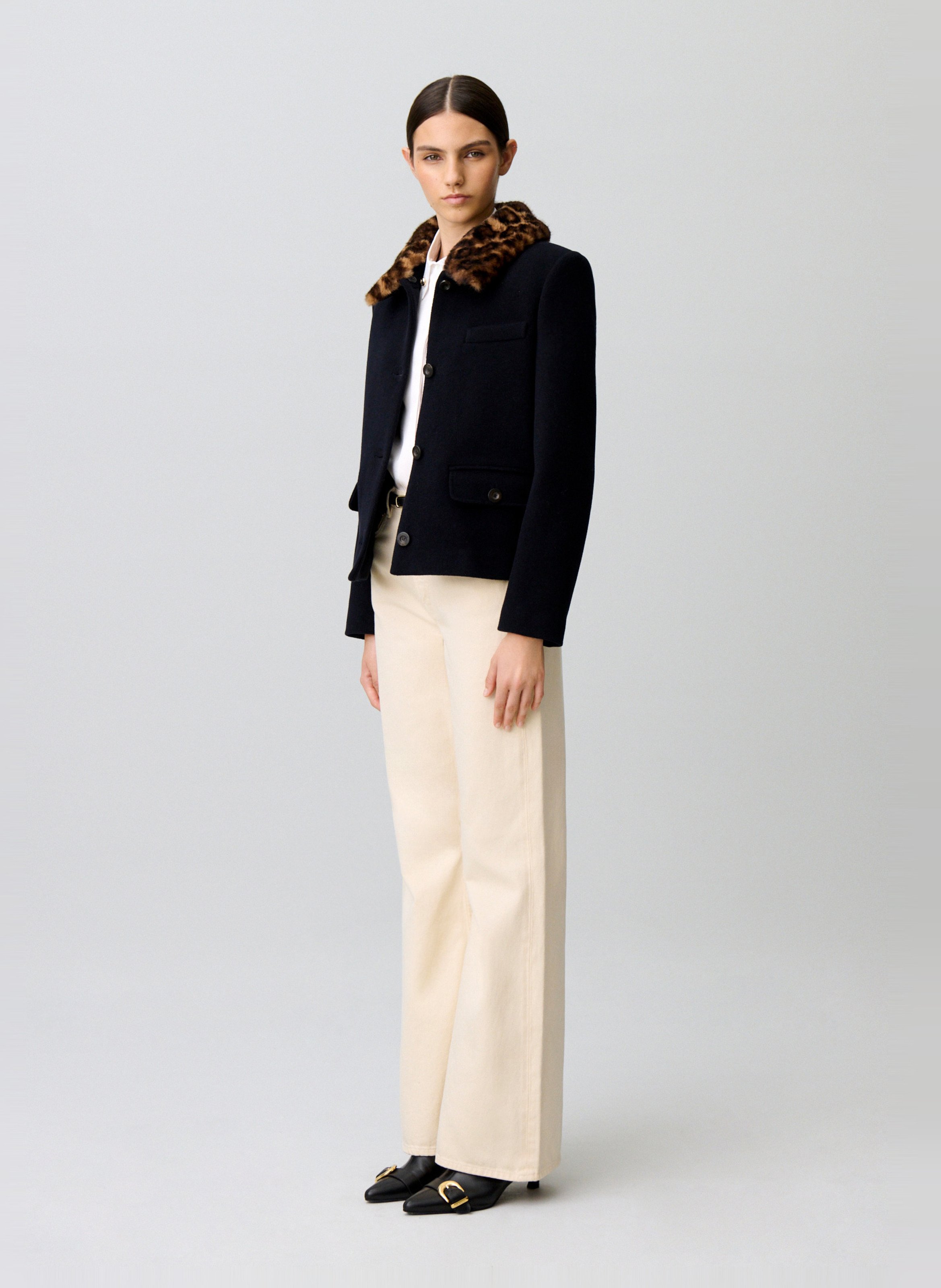Mantel van gemengde wol met afneembare luipaardkraag CLAUDIE PIERLOT Blauw