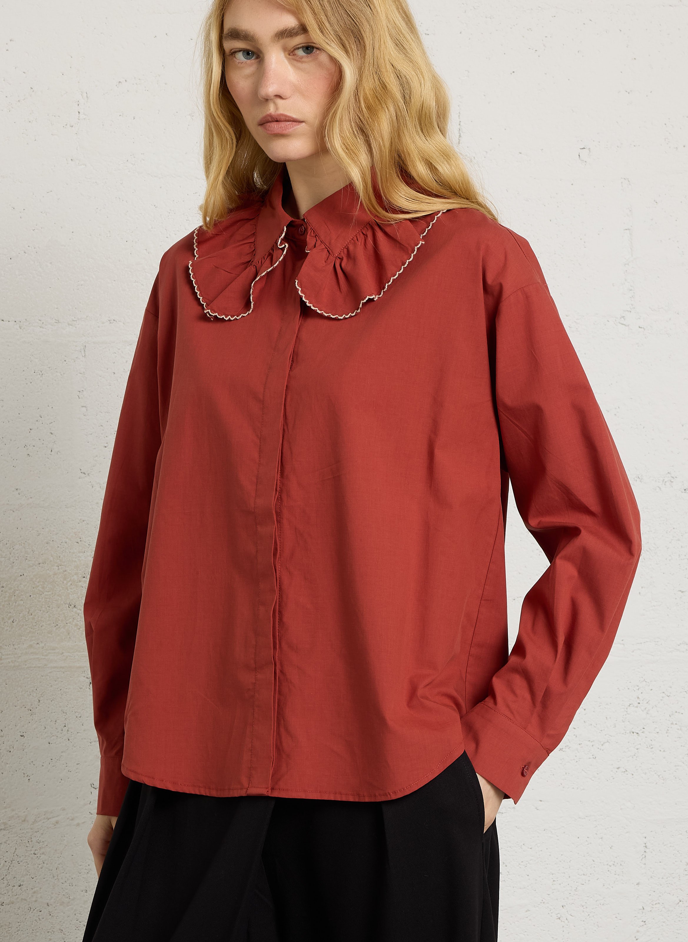 Blouse van katoenmix met claudinekraag THE KORNER Rood