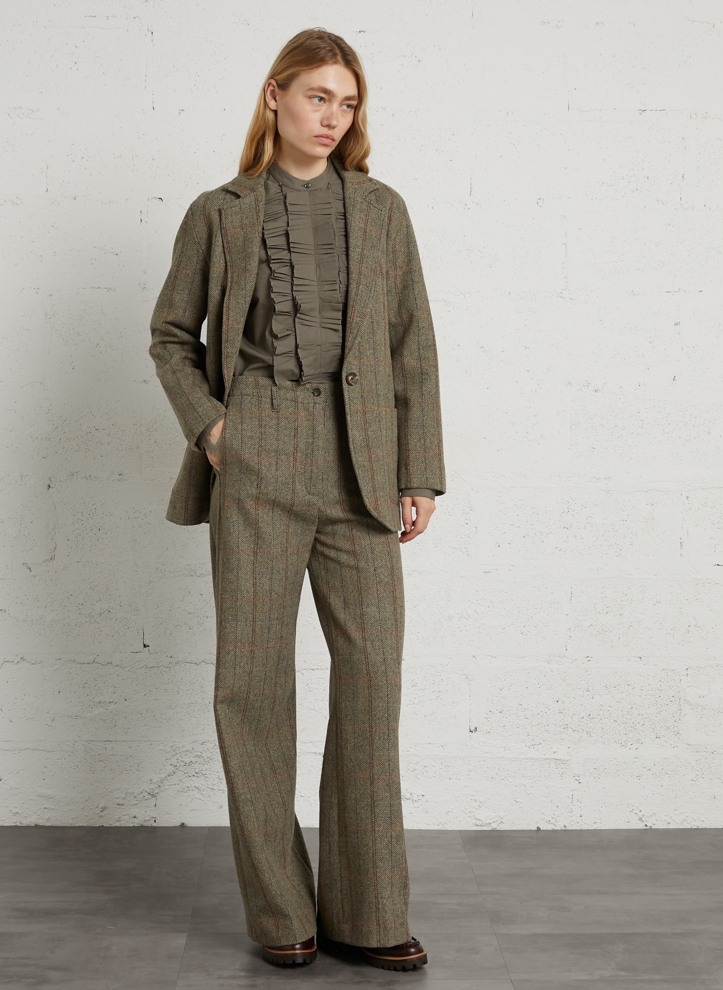 Rechte blazer met ruitpatroon en wollen virgin-vezel kraag DIEGA Kaki
