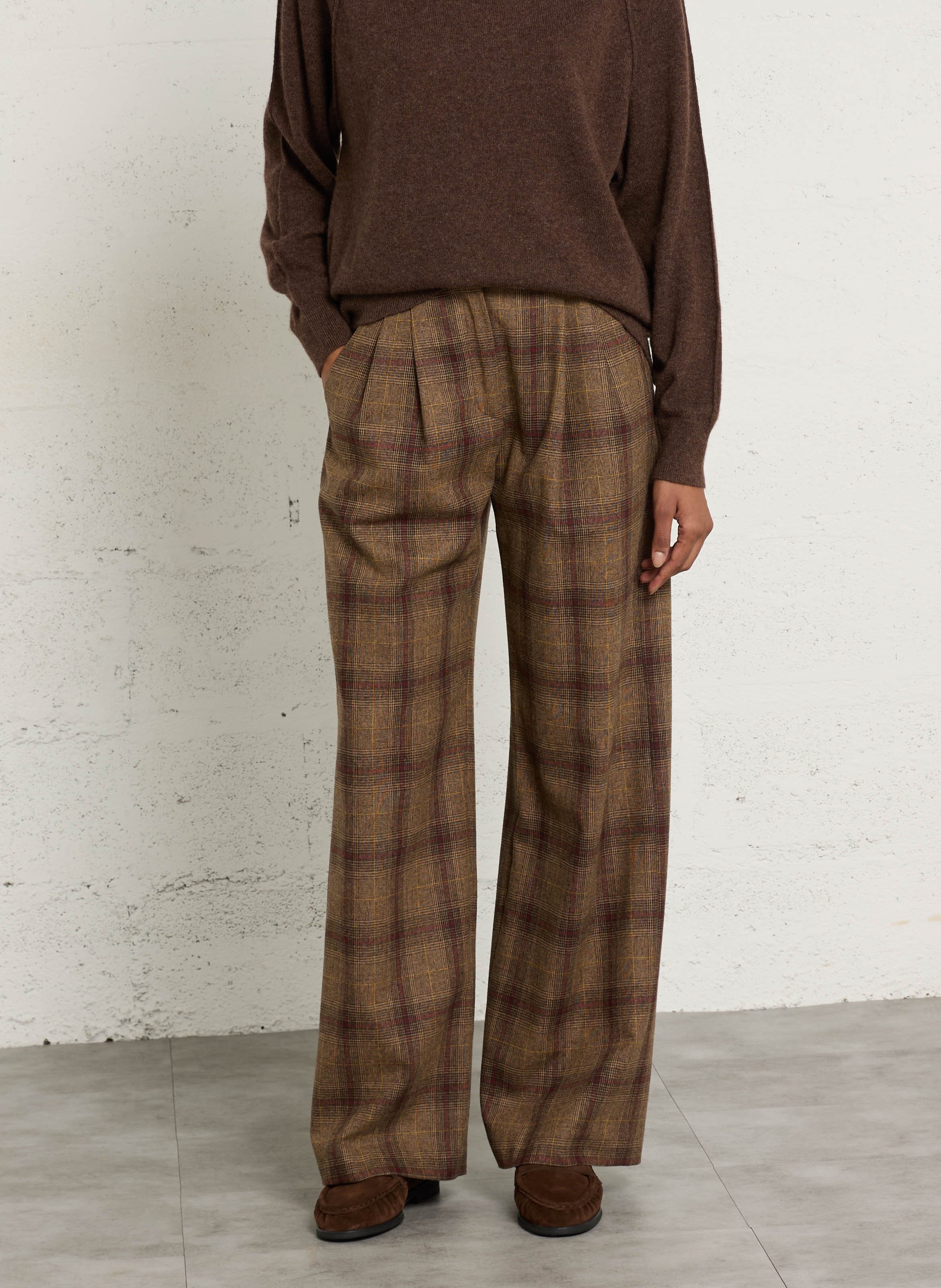 Pantalon à pinces droit à carreaux en laine mélangée DIEGA Marron