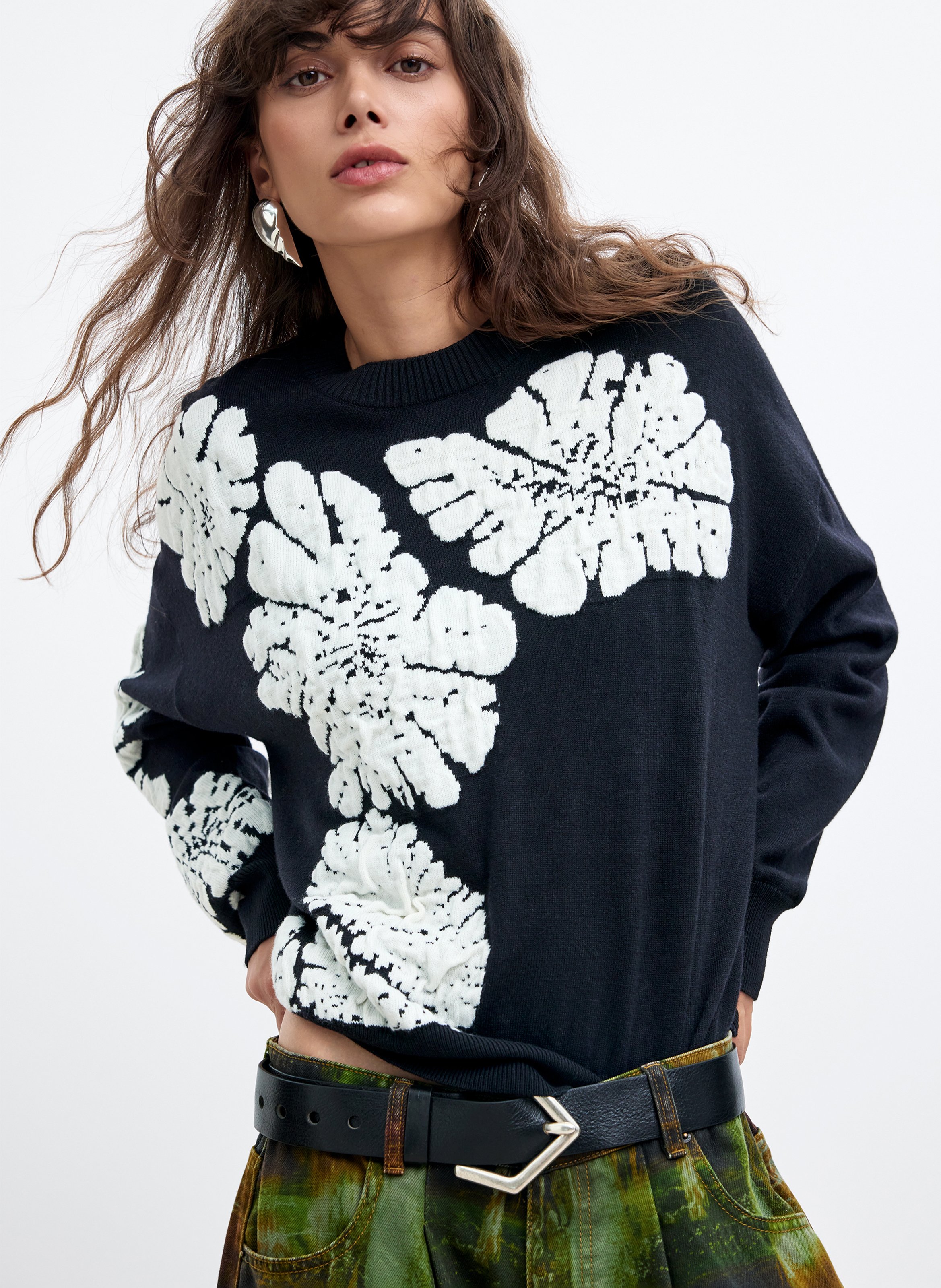 Pull ample col rond à motif DESIGUAL Noir