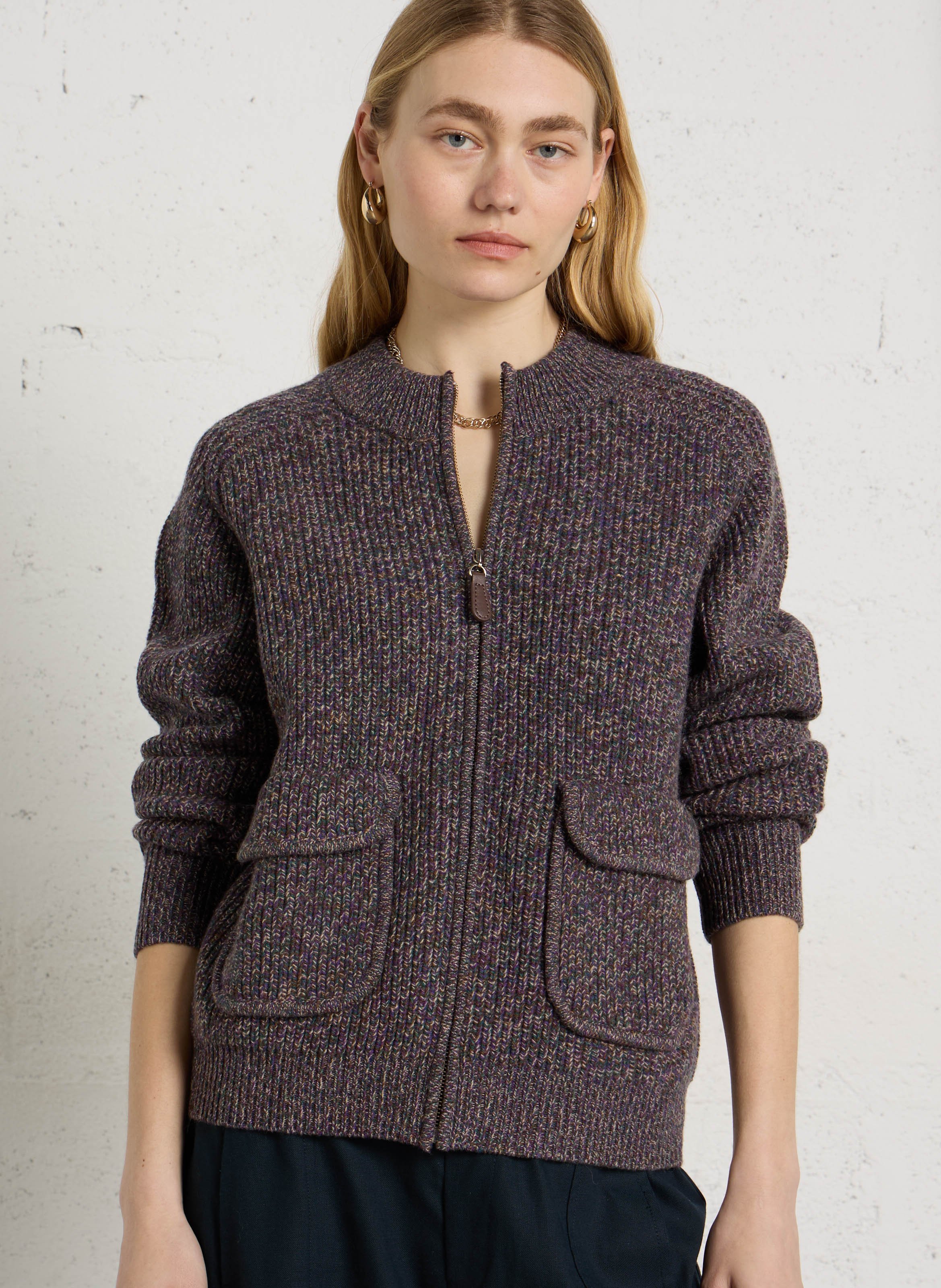 Round-neck wool knit cardigan MAISON 123 Purple