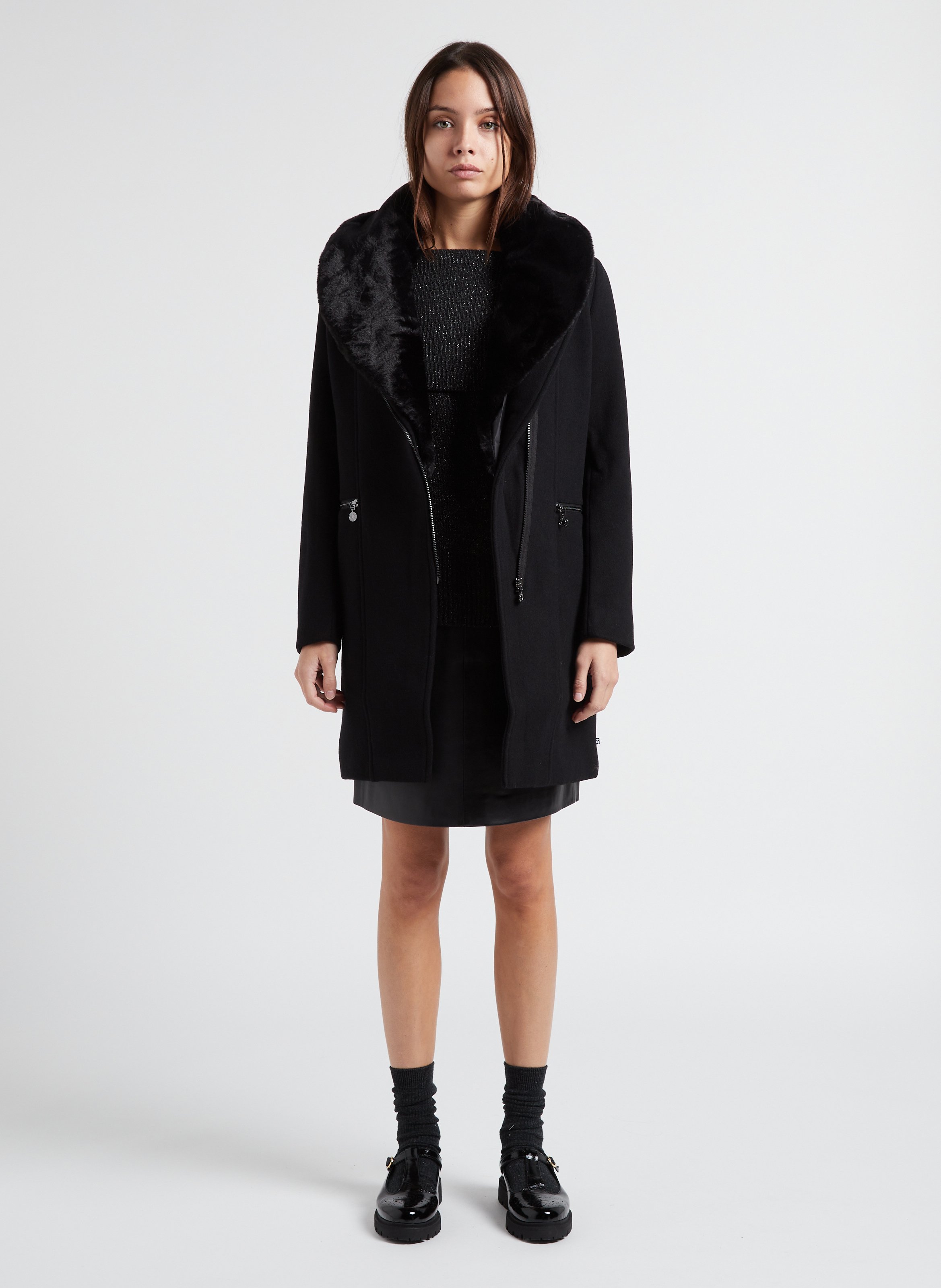 Manteau col tailleur en laine melangee Noir