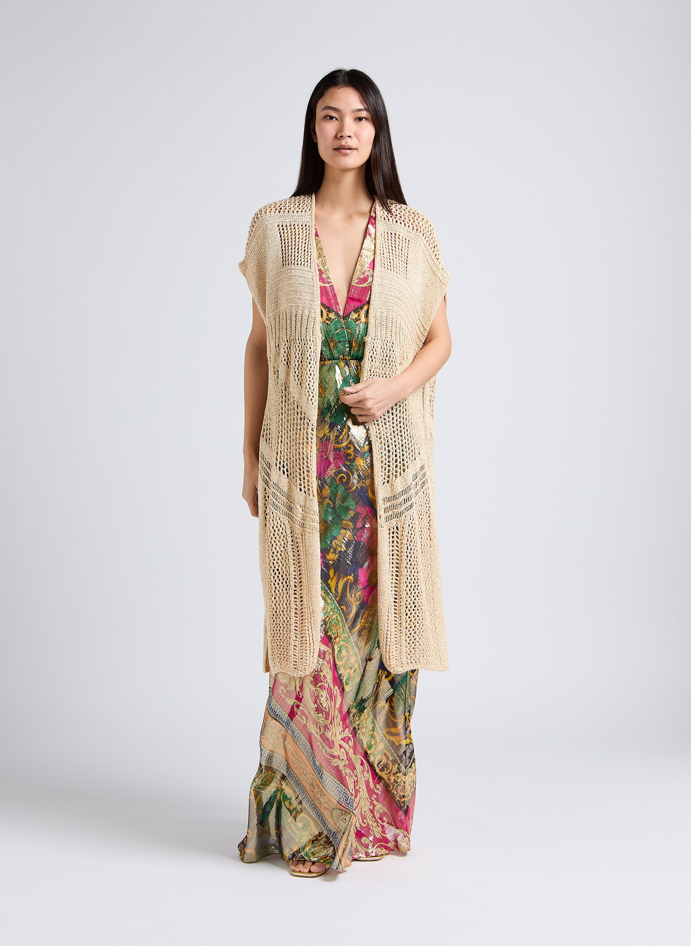 Open, gebreid vest met ajourmotief en lovertjes Goudkleurig