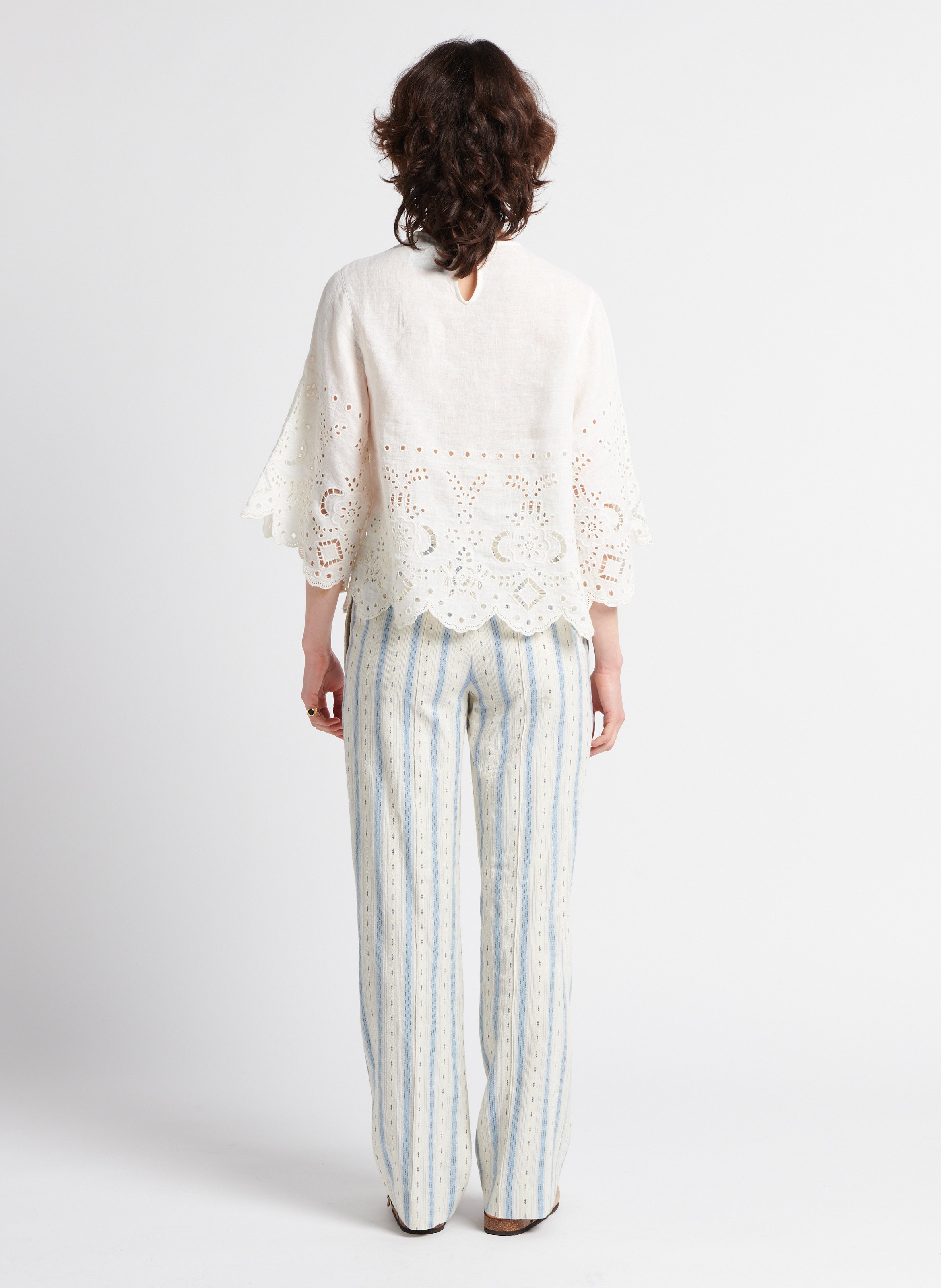 Pantalon droit taille haute en coton texturé LAURENCE BRAS Bleu