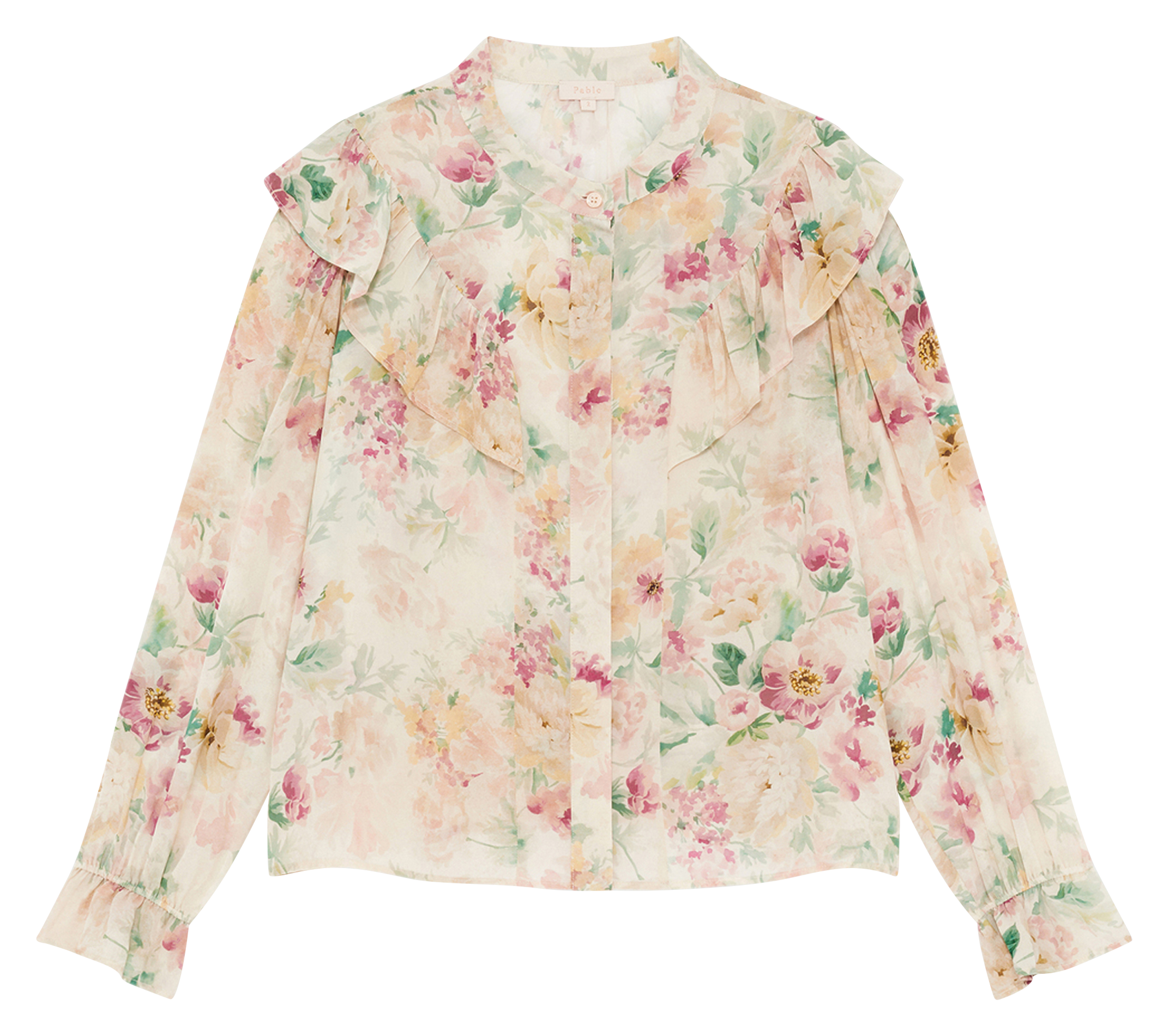 Chemise droite col mao fleuri PABLO Beige