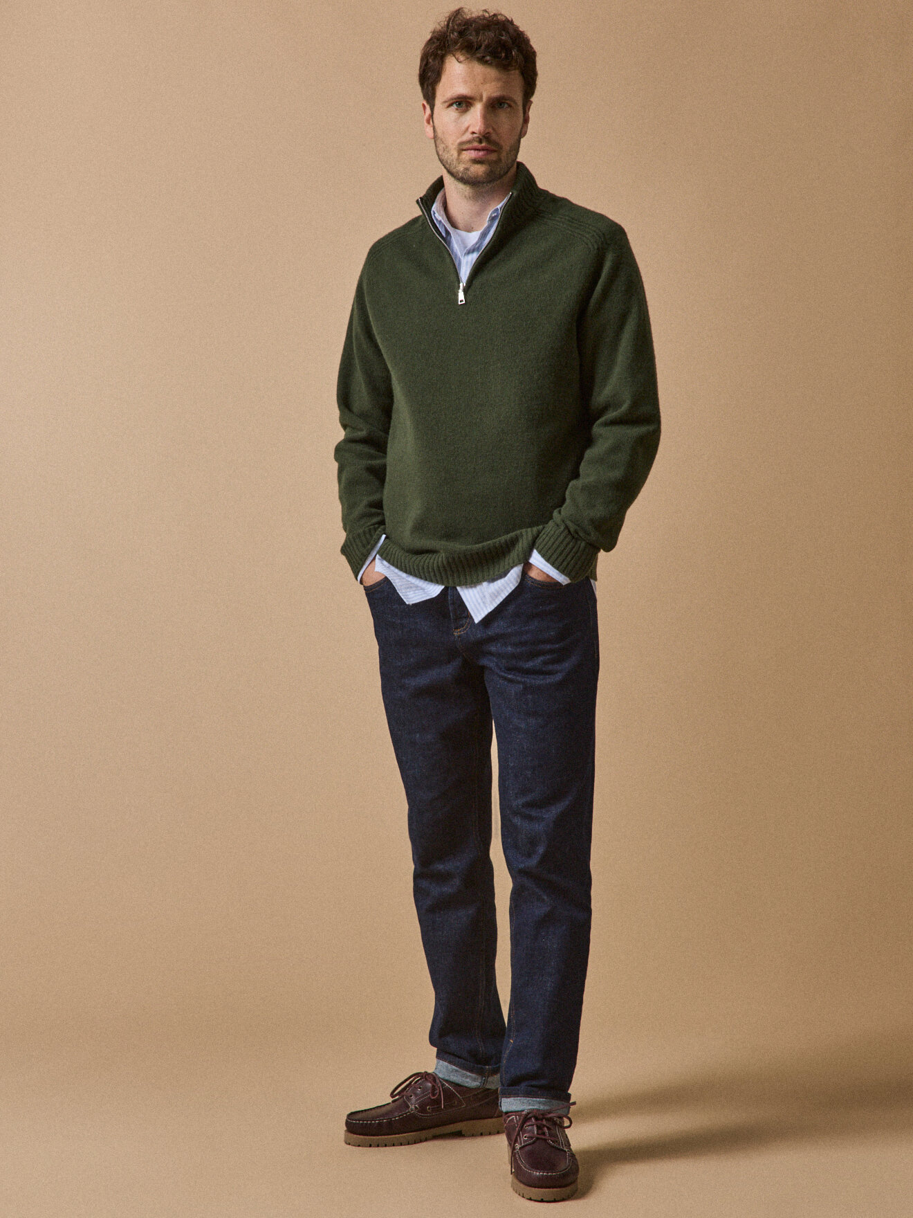 High-neck zipped sweater Green