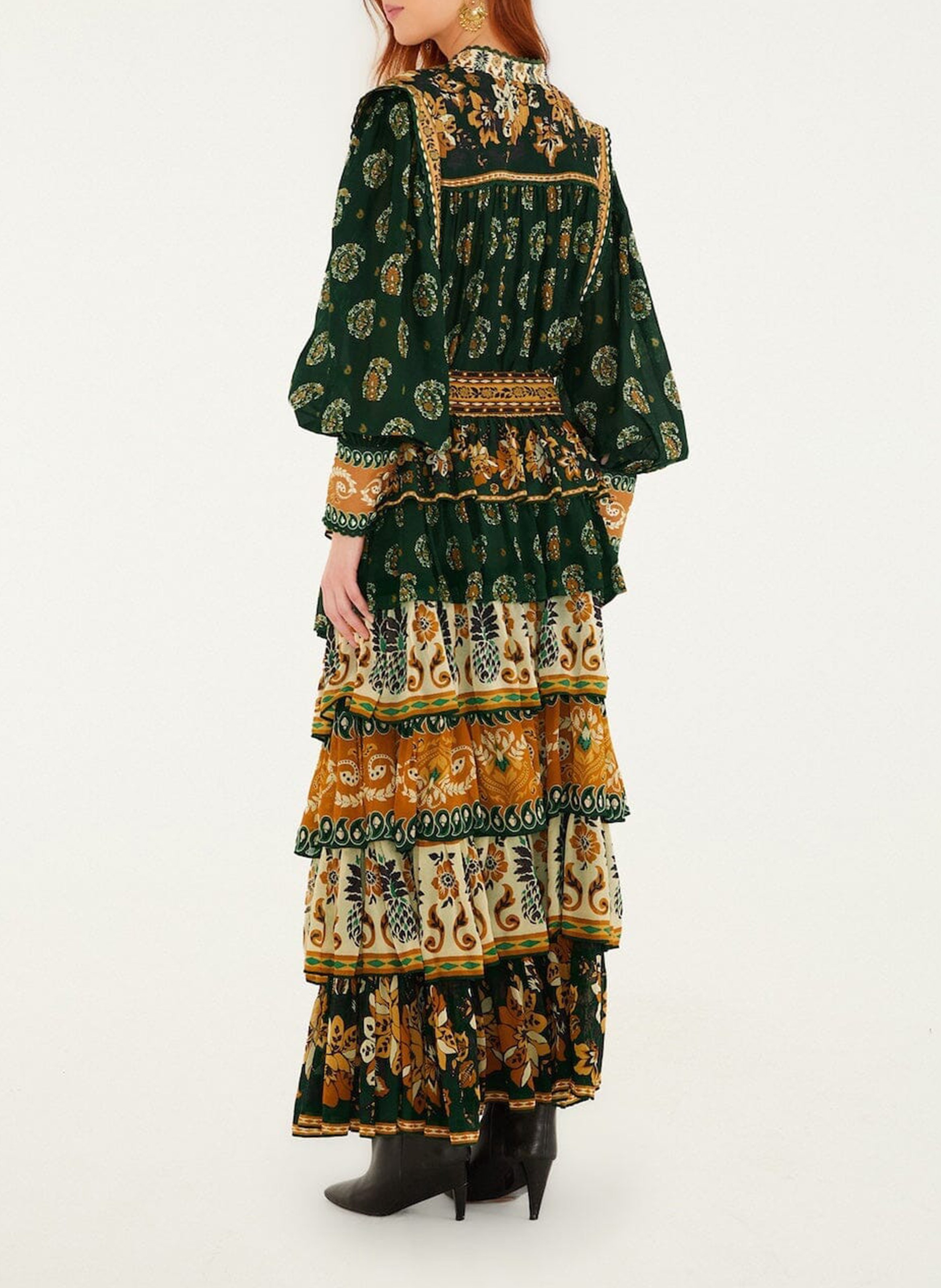 Flounced long skirt with floral print FARM RIO Green