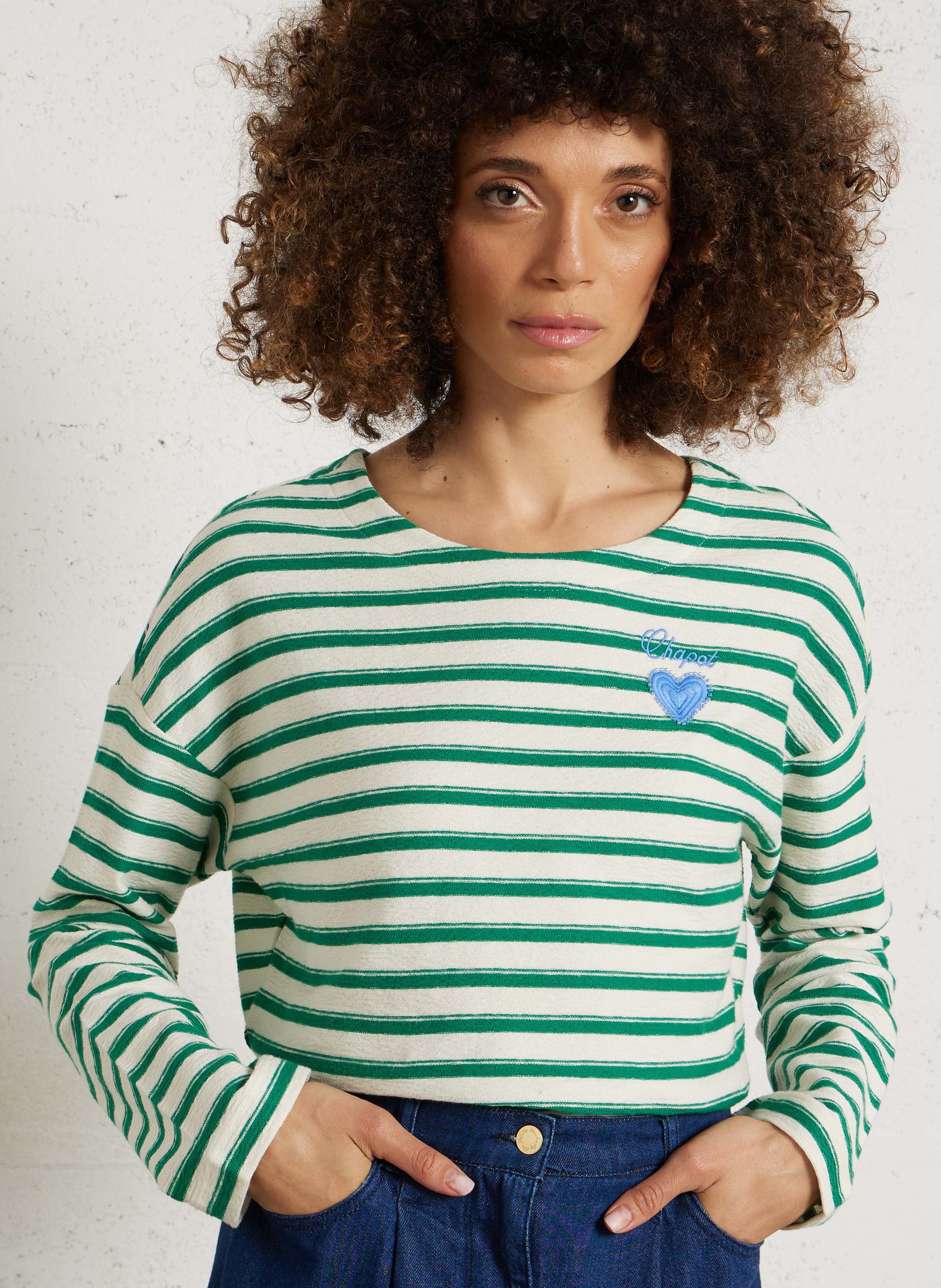 Top oversize col rond en coton bio rayé FABIENNE CHAPOT Blanc