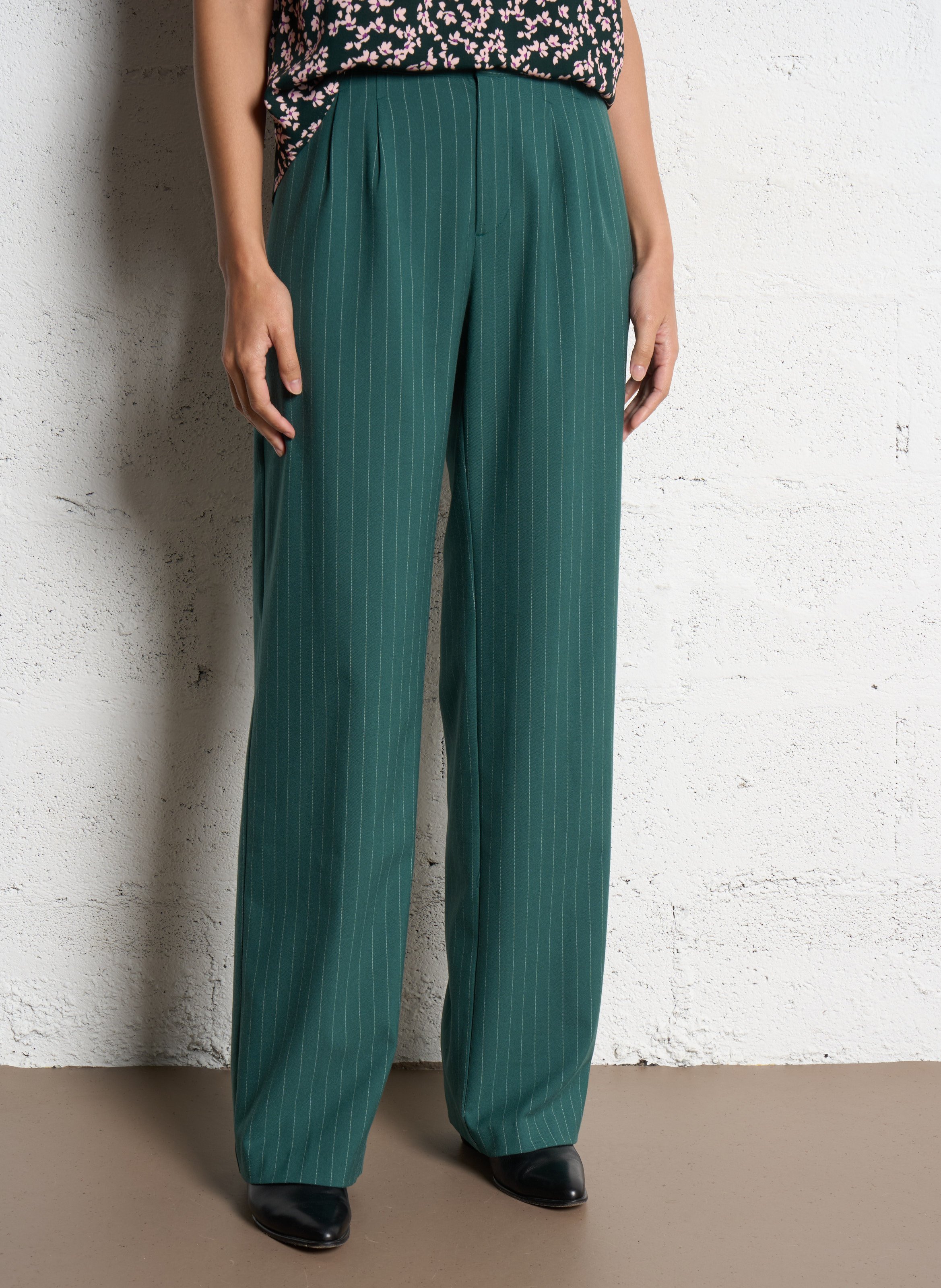 Pantalon droit taille haute rayé ONE STEP Vert