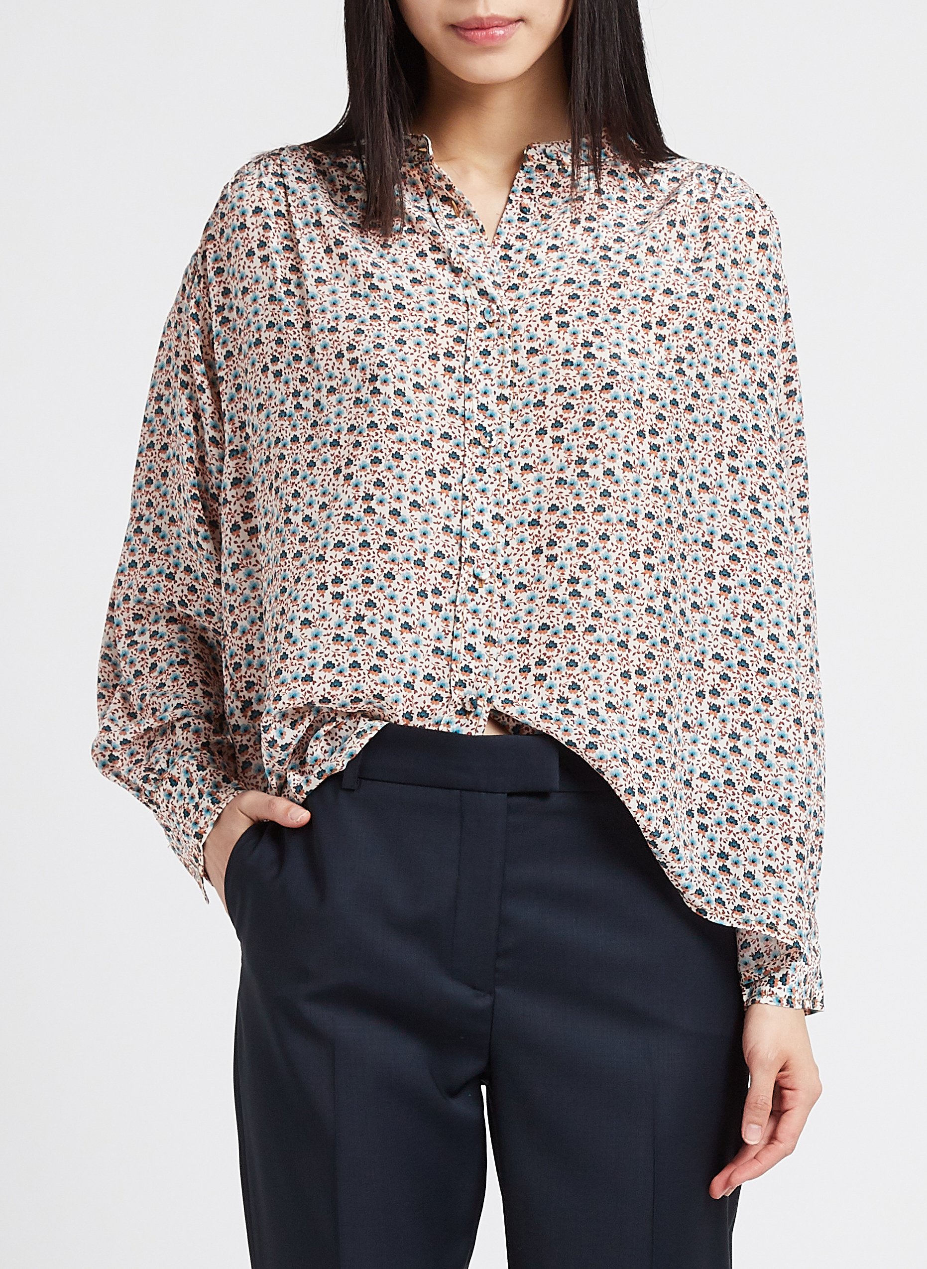 Weite Seidenbluse mit Rundhalsausschnitt und Print PAUL AND JOE Blau