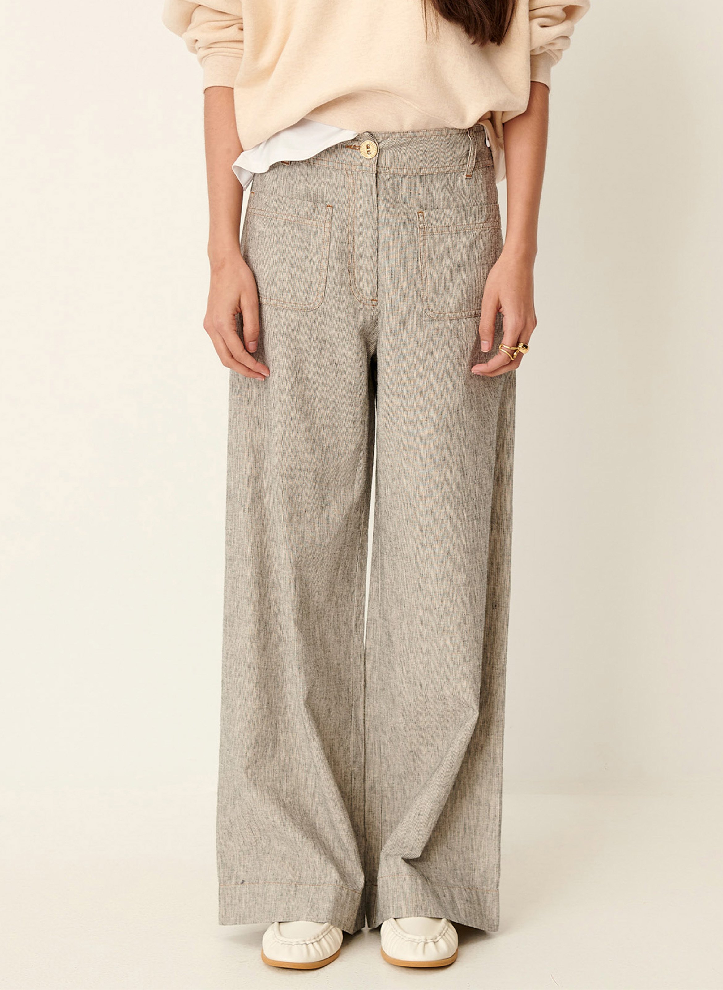 Pantalon large taille haute en lin et coton mélangé SESSUN Gris