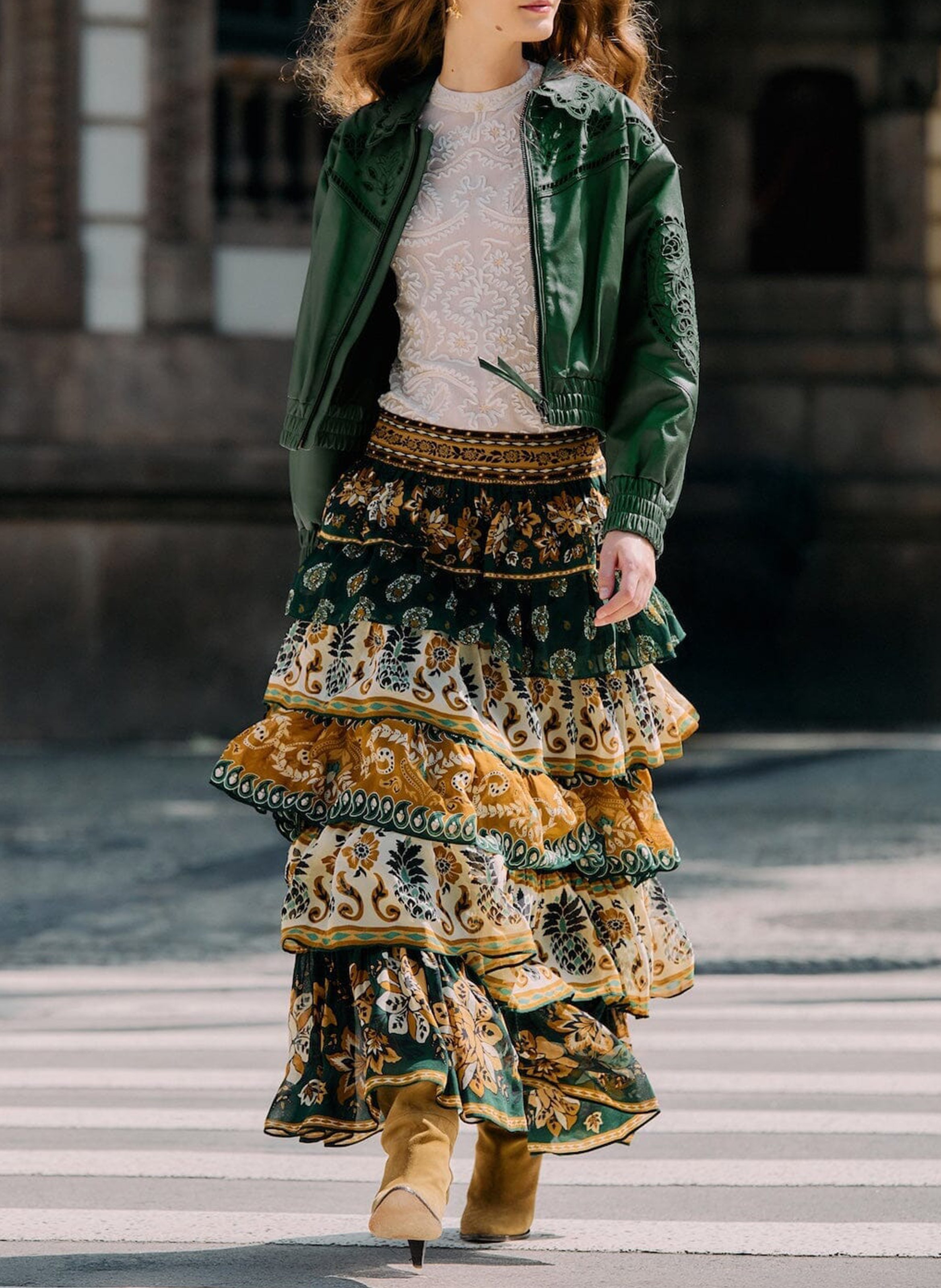 Flounced long skirt with floral print FARM RIO Green