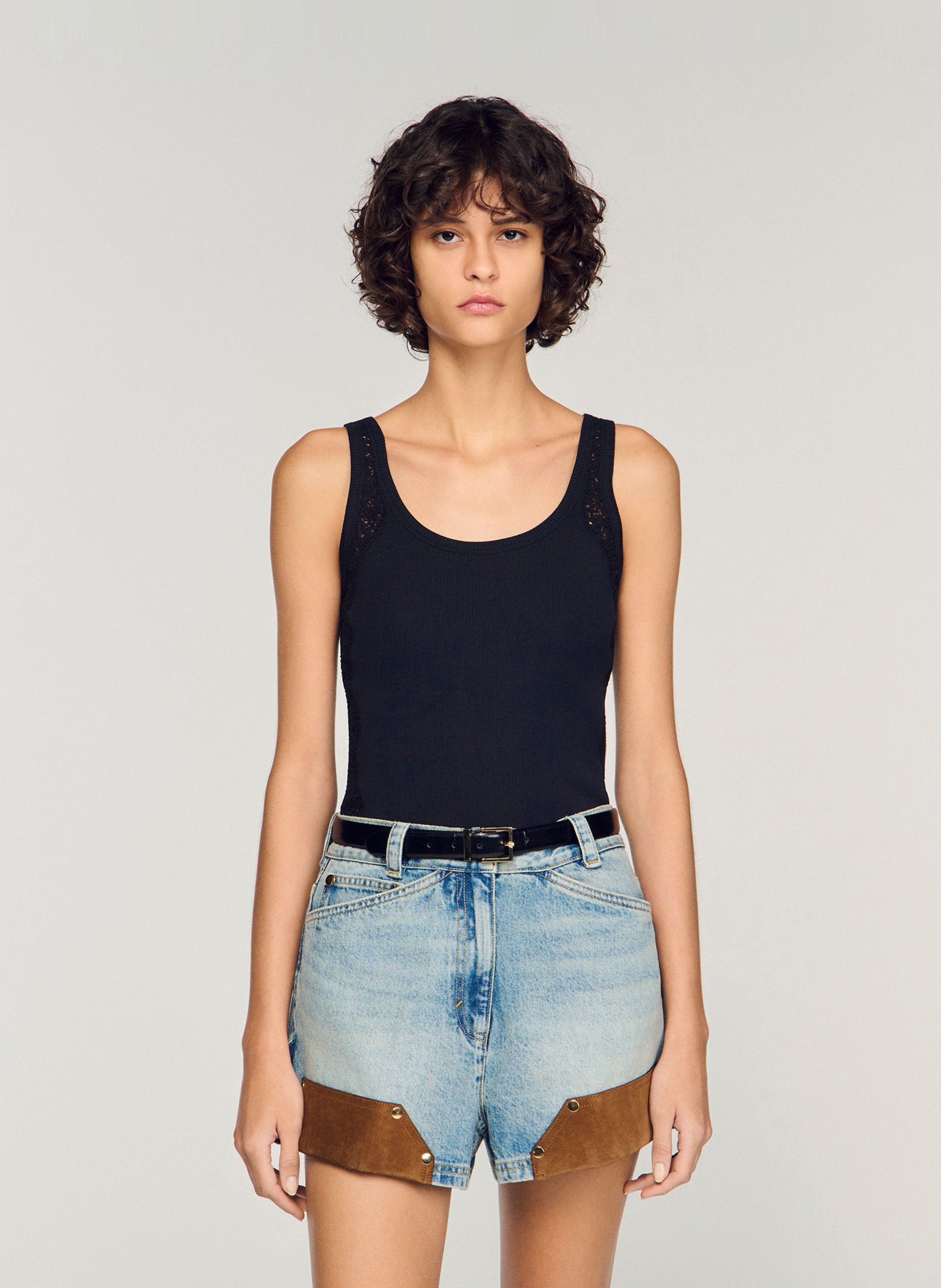 Katoenen singlet met ronde hals en borduurwerk SANDRO Zwart